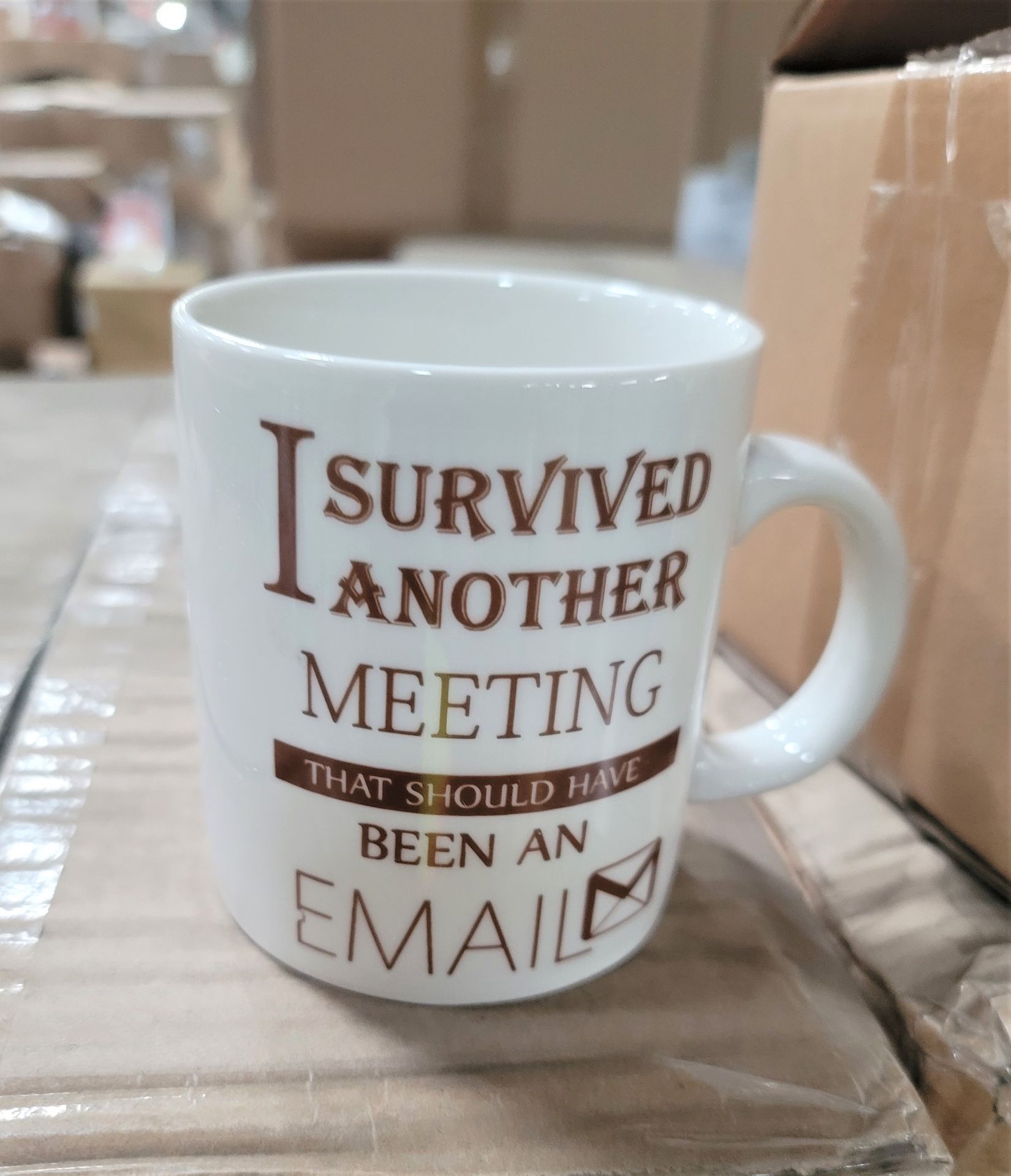 LOT - PALLET OF (324) "I SURVIVED ANOTHER MEETING" CERAMIC COFFEE MUG, (18 CASES/18 PER CASE)