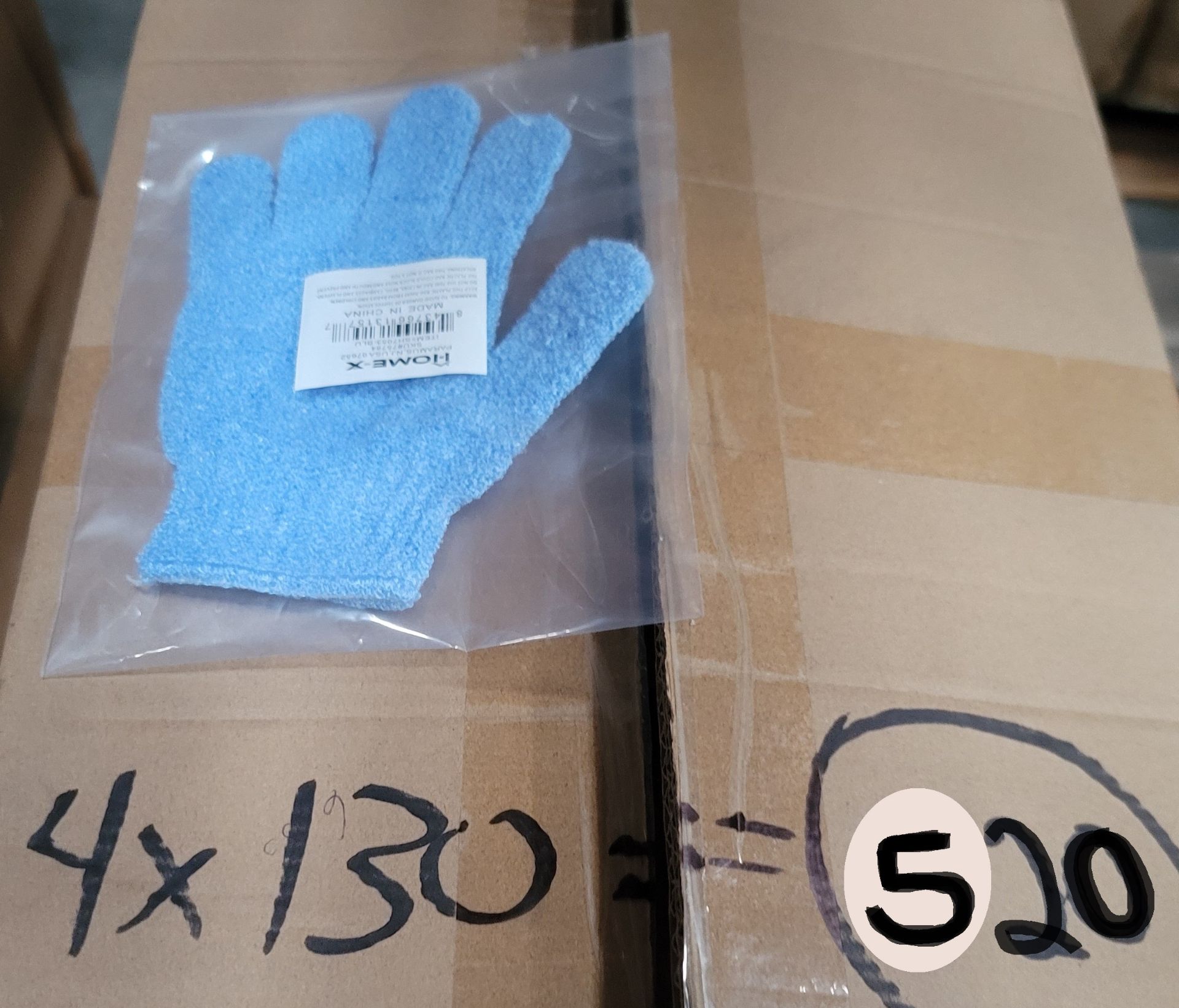 LOT - MIXED PALLET OF (520) SINGLE EXFOLIATING SHOWER GLOVE, (4 CASES/130 PER CASE); (35) 3-PAIR