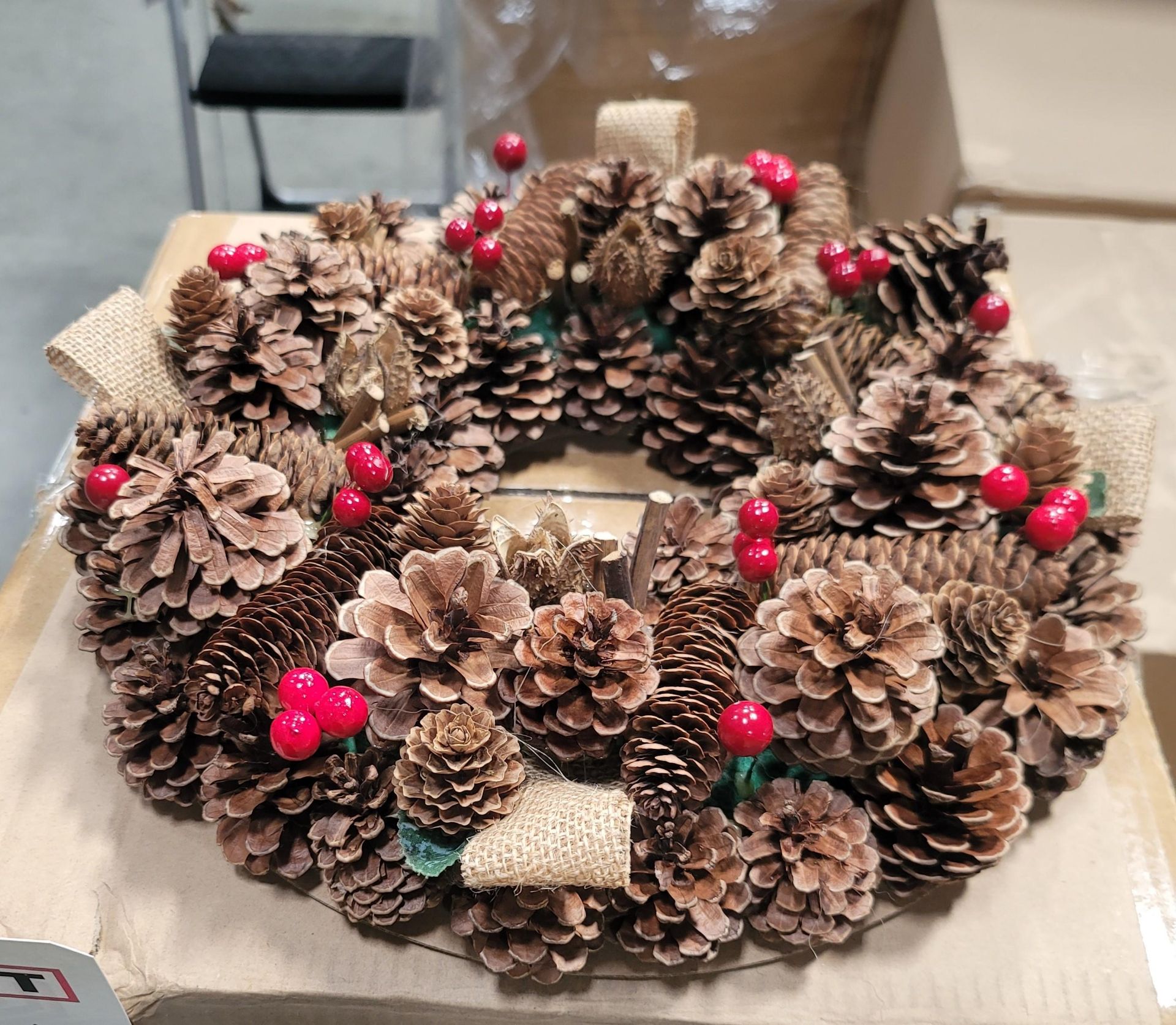 LOT - PALLET OF (40) 14" PINE CONE CHRISTMAS WREATH, (8 CASES/5 PER CASE)