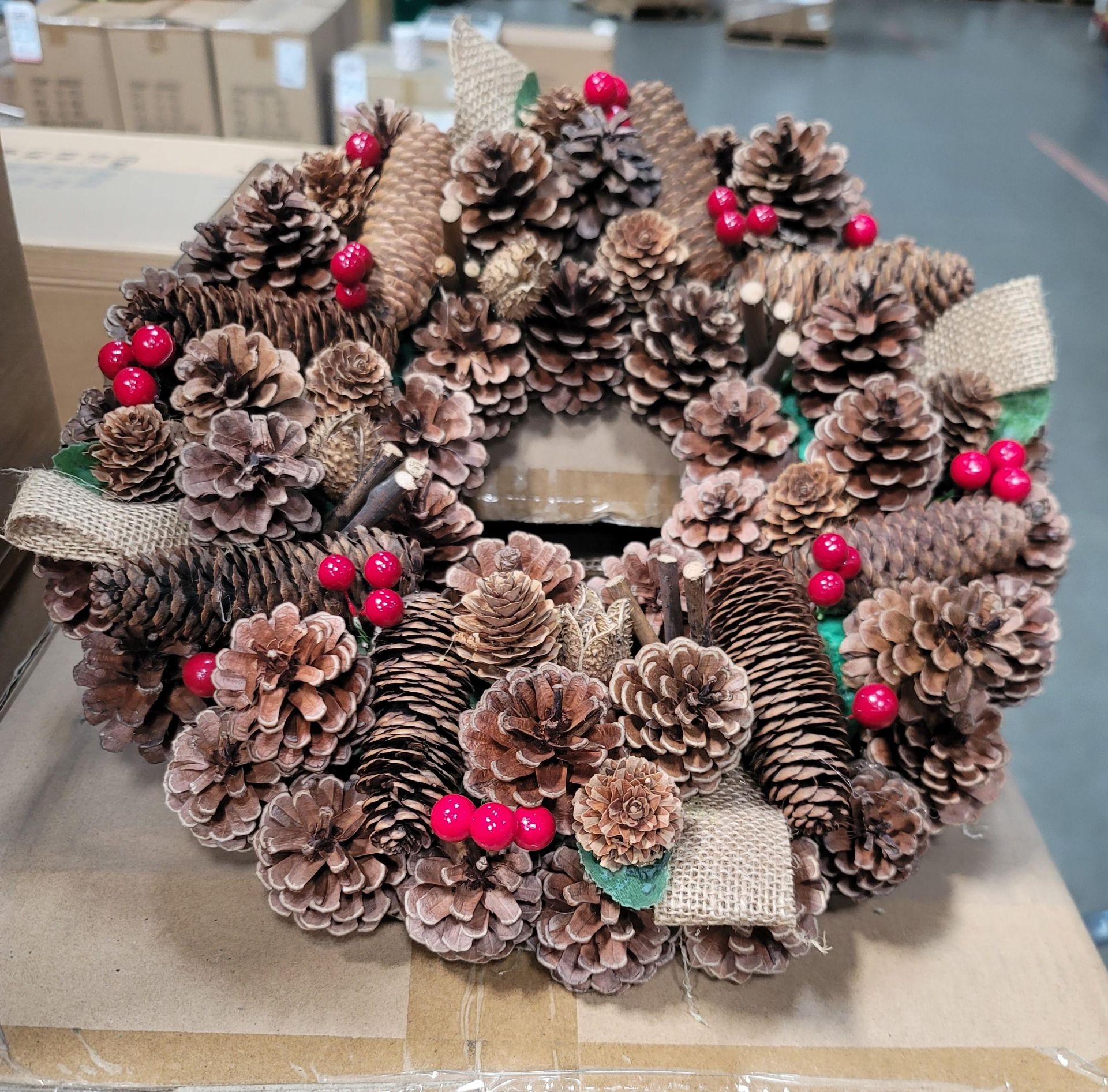 LOT - PALLET OF (75) 16" PINE CONE CHRISTMAS WREATH, (15 CASES/5 PER CASE)