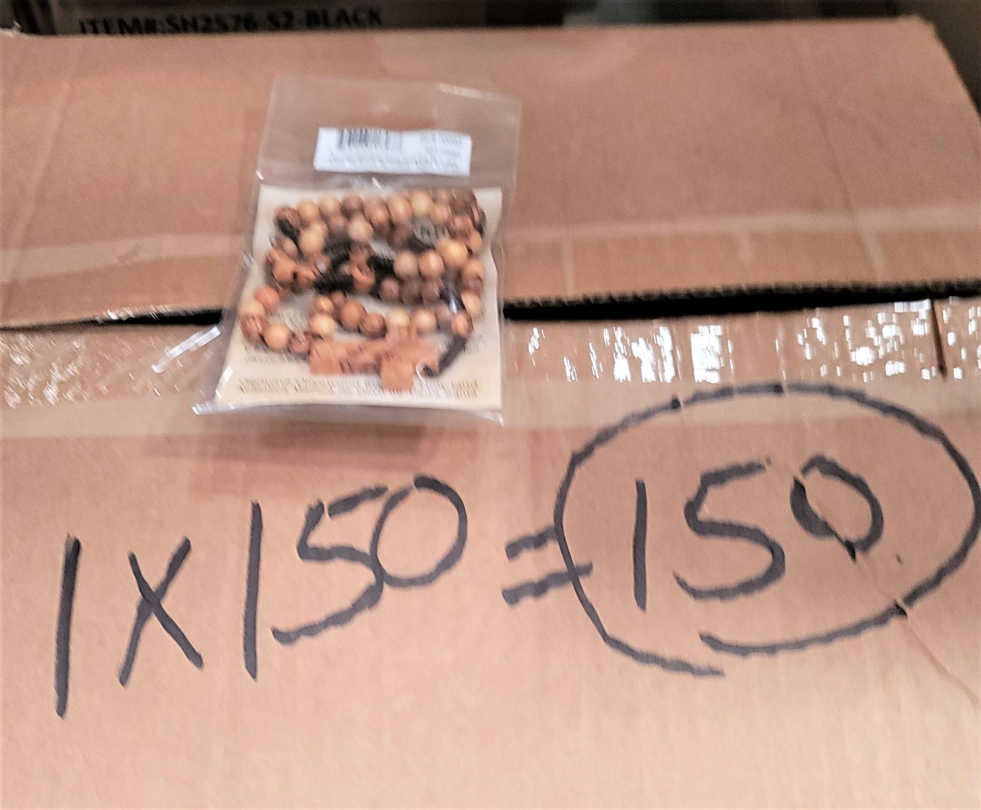 LOT - MIXED PALLET OF (150) OLIVE WOOD ROSARY BEADS, (1 CASE/150 PER CASE); (150) PAIRS OF ELASTIC