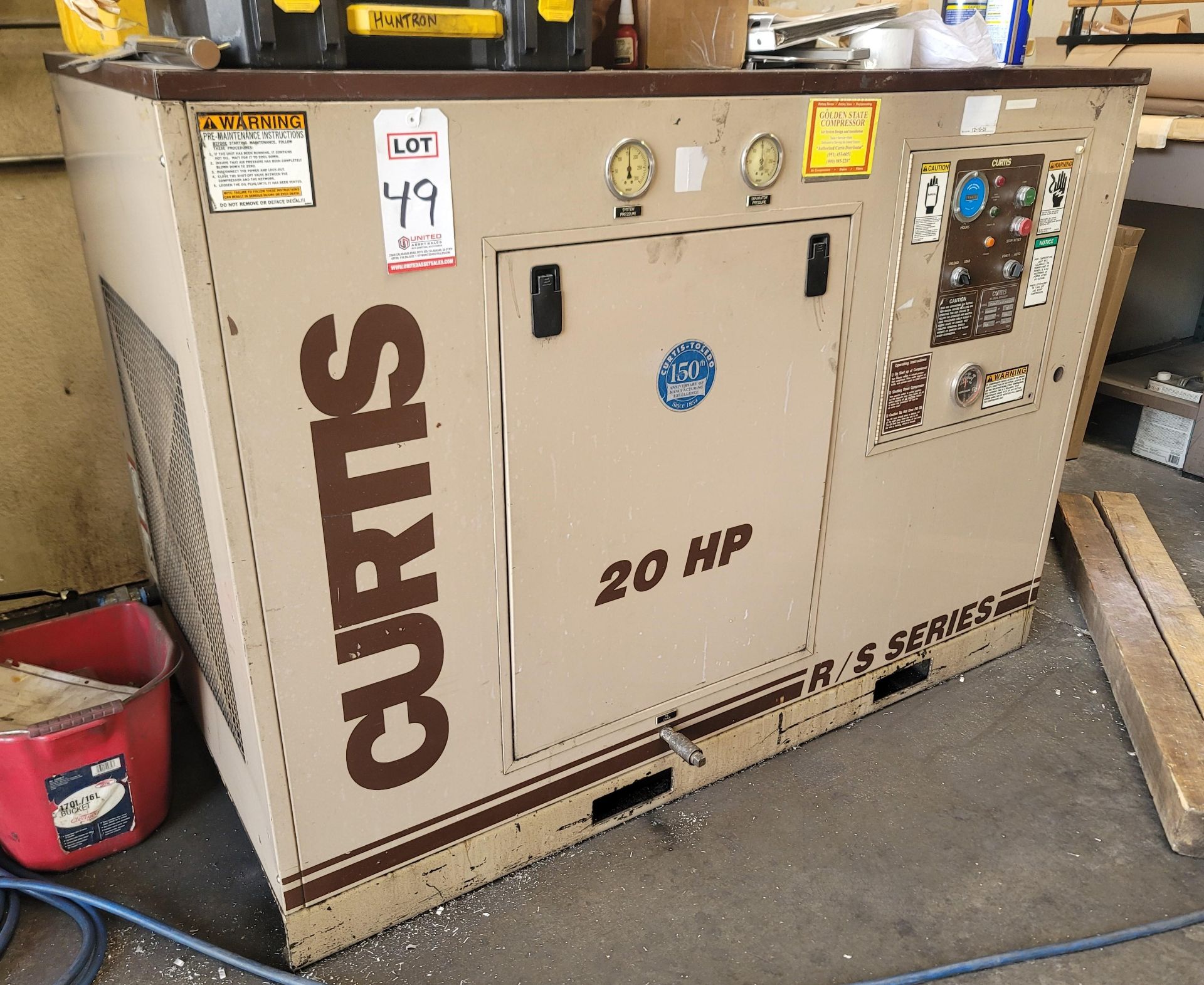 CURTIS ROTARY SCREW TYPE AIR COMPRESSOR, MODEL RS20A A-E B101, 20 HP, 150 PSI, APPROX. 47840