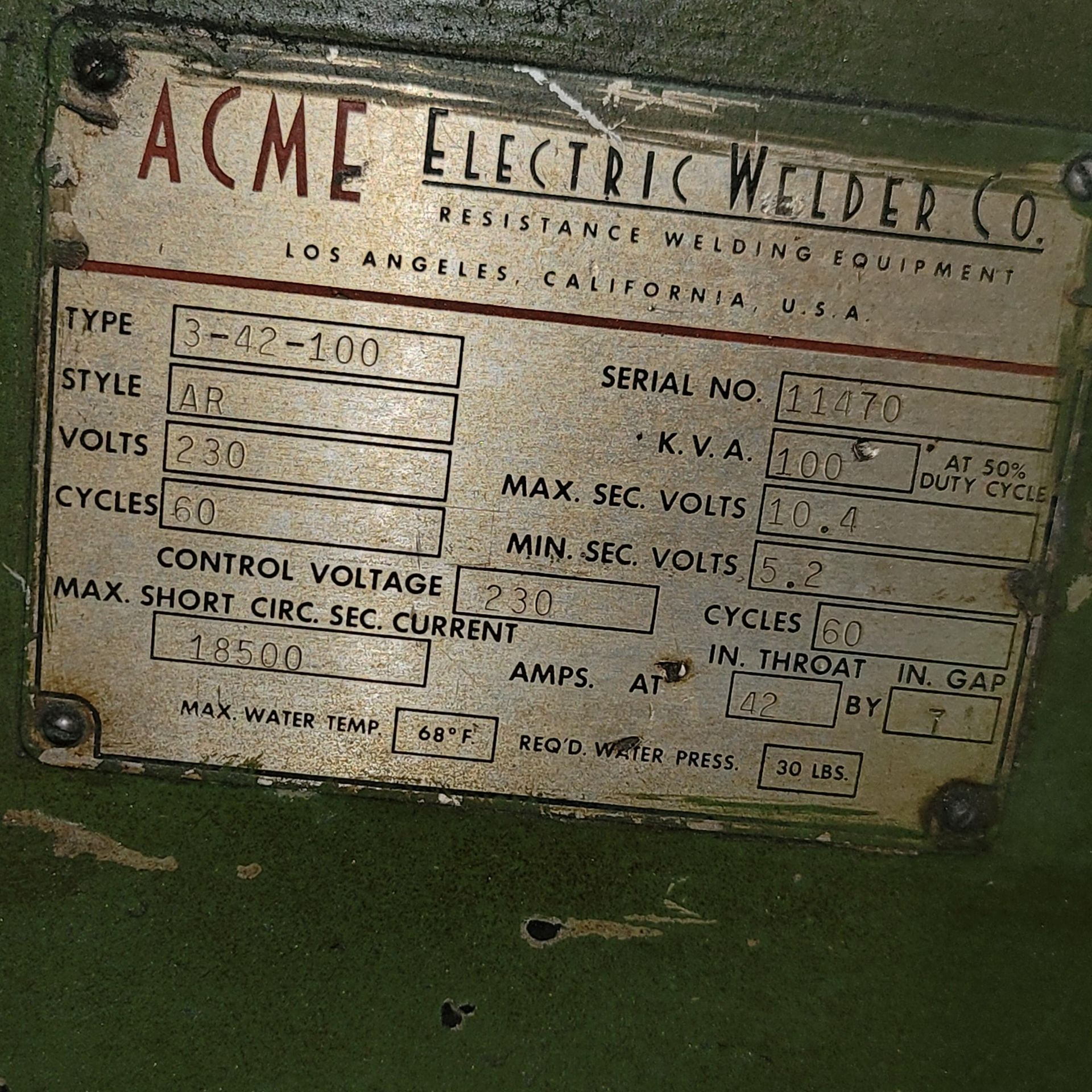 ACME SPOT WELDER, TYPE 3-42-100, STYLE: AR, 100 KVA, 230 VOLTS, 42" THROAT, S/N 11470 - Image 6 of 6