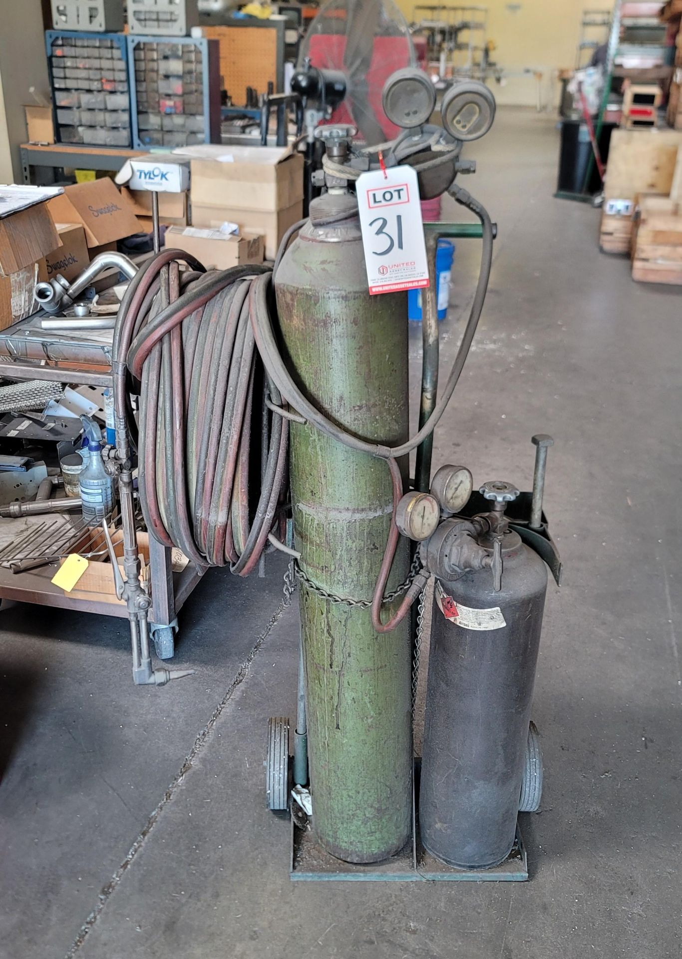 LOT - OXY-ACETYLENE CART W/ TANKS, HOSE, VICTOR CUTTING TORCH