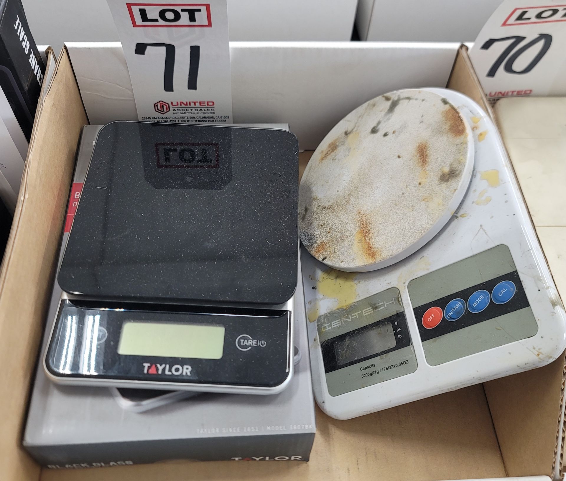 LOT - (1) TAYLOR BLACK GLASS DIGITAL KITCHEN SCALE, 11 LB CAP AND (1) CENTECH DIGITAL SCALE