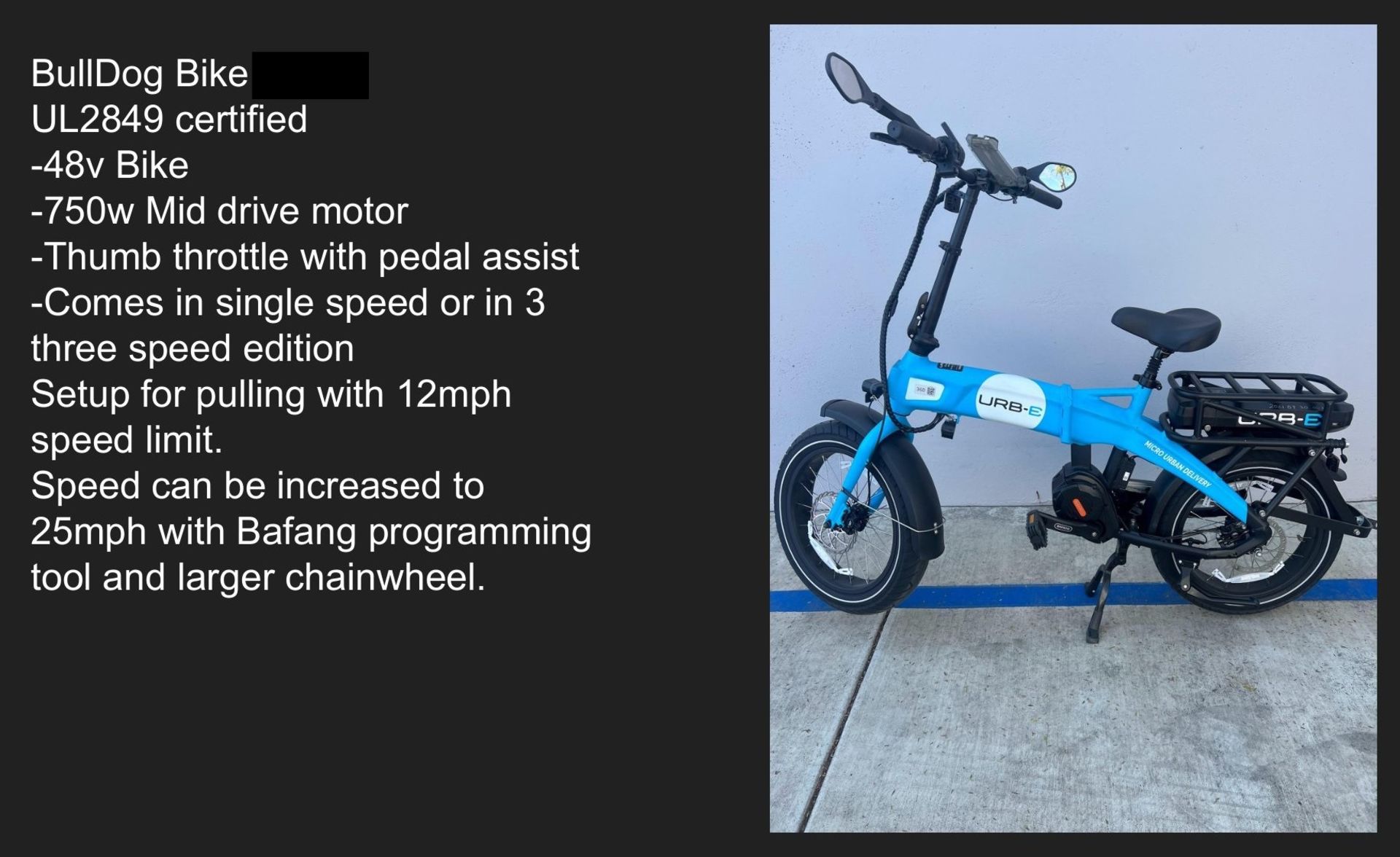 URB-E ELECTRIC DELIVERY BIKE, USED, 750W MID DRIVE MOTOR, SINGLE SPEED, THUMB THROTTLE WITH PEDAL - Image 4 of 4