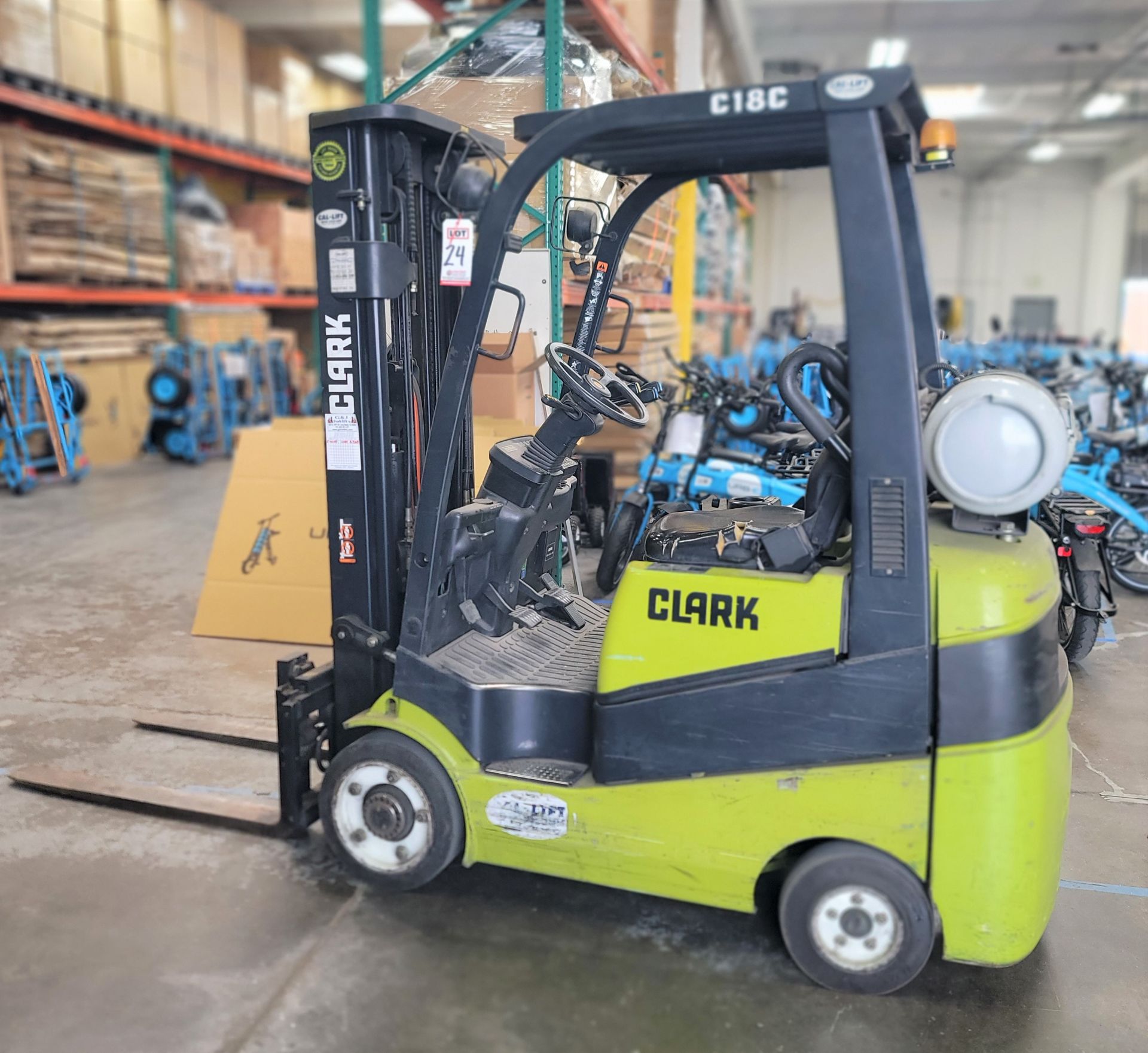 CLARK LPG FORKLIFT, MODEL C18CL, 4,000 LB CAPACITY, 3-STAGE MAST, SIDE SHIFT, 40" FORKS, LOAD