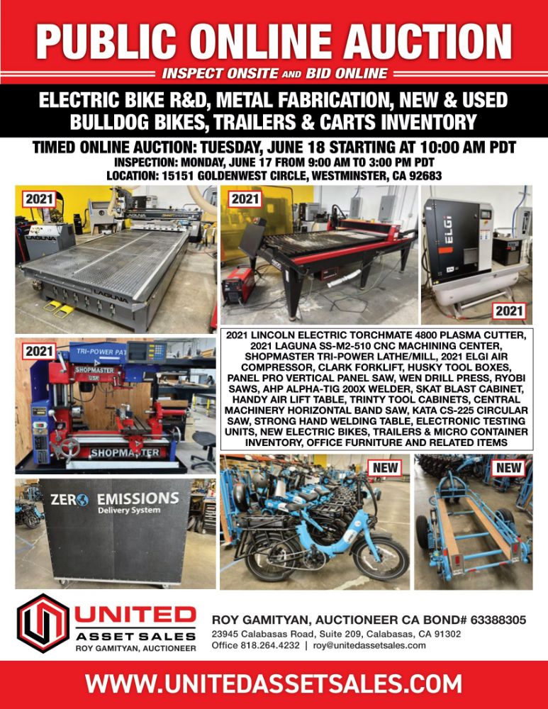 2021 LAGUNA SS-M2-510 CNC MACHINING CENTER, 2021 LINCOLN ELECTRIC TORCHMATE 4800 PLASMA CUTTER, ELECTRIC BIKES, TRAILERS & MICRO CONTAINERS