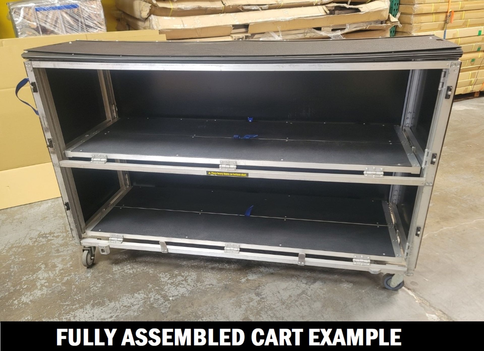 LOT - (2) TWO SHELF ROLLING CARTS, FOLDABLE, SWIVEL WHEEL ON ONE SIDE WITH BRAKE, GULL WING DOORS, - Image 2 of 5