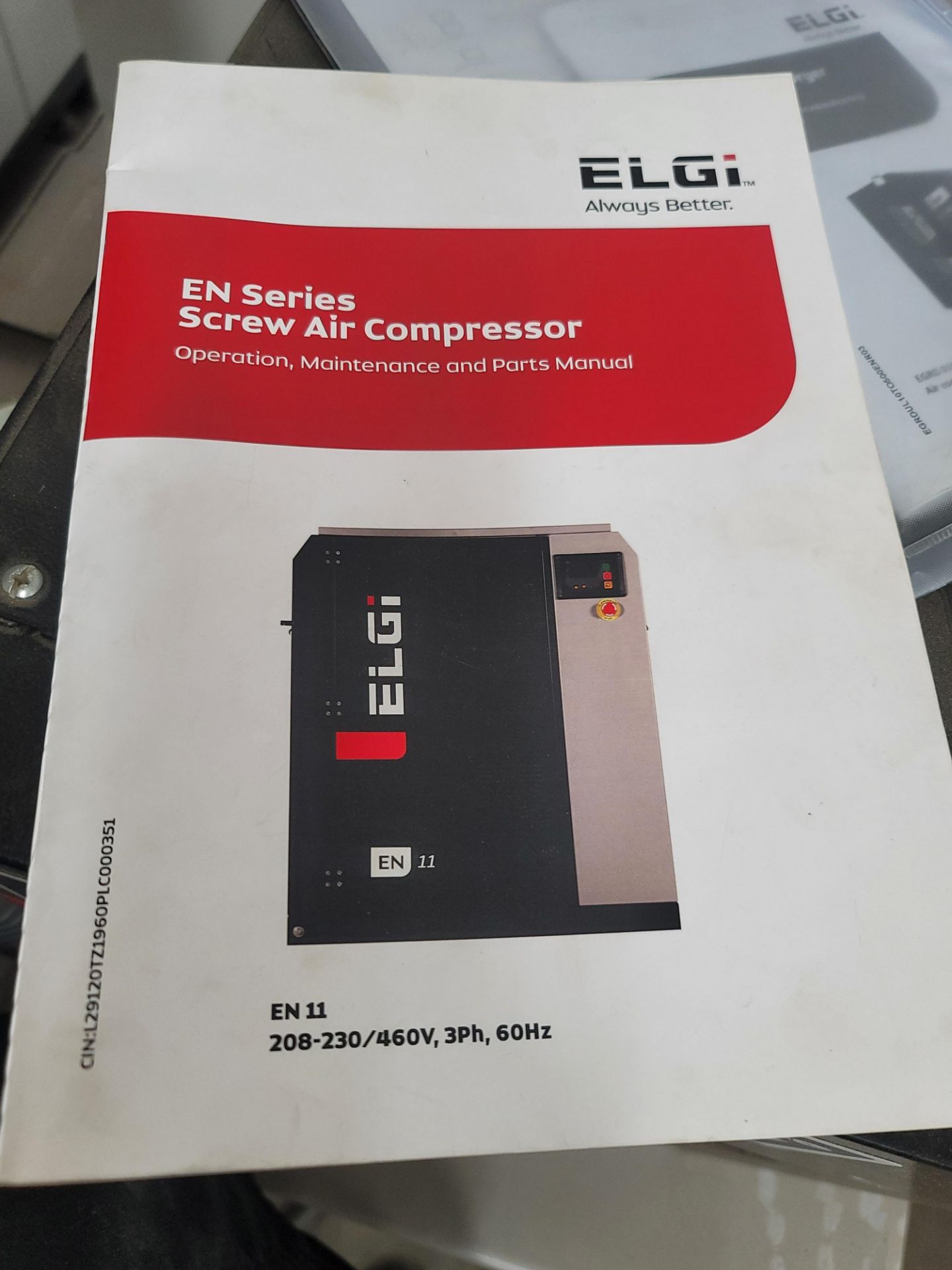 2021 ELGI AIR COMPRESSOR, SCREW TYPE, MODEL EN-11-125, 15 HP, 125 PSIG, 208-230/460V, APPROX. 7, - Image 7 of 10