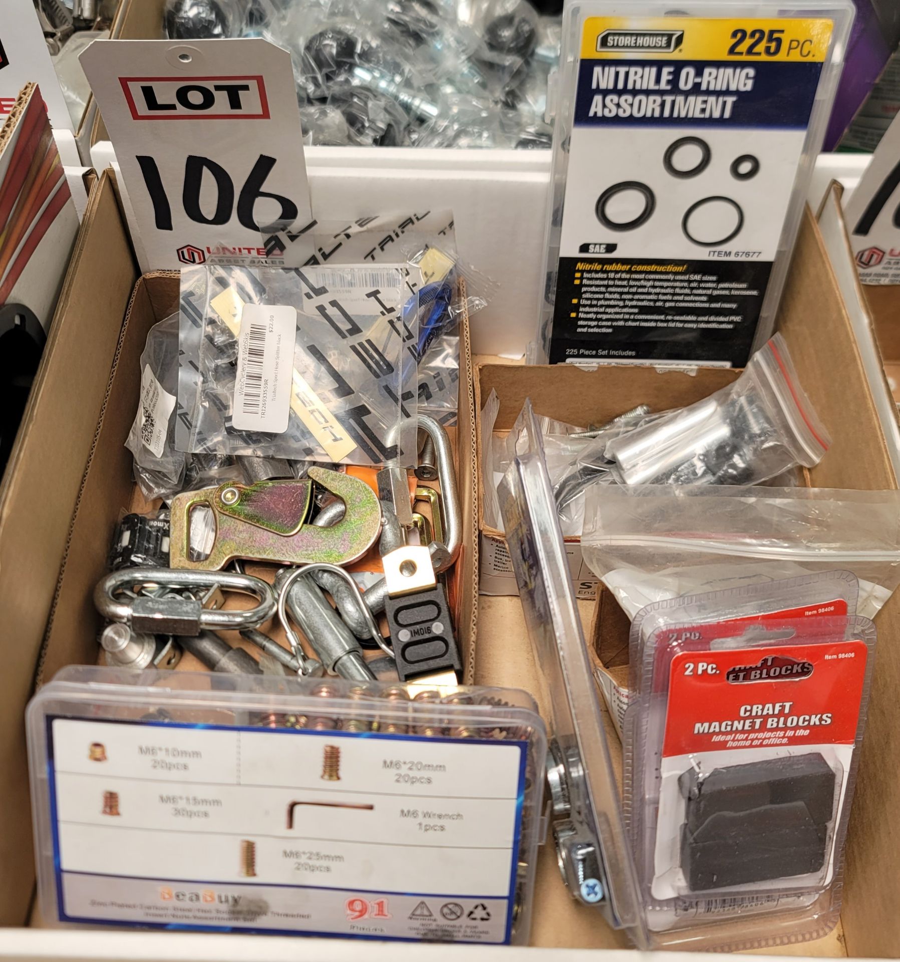 LOT - MISC. HARDWARE, TO INCLUDE: HEX DRIVE THREADED INSERT NUTS, SHACKLE, MAGNET BLOCKS, ETC.
