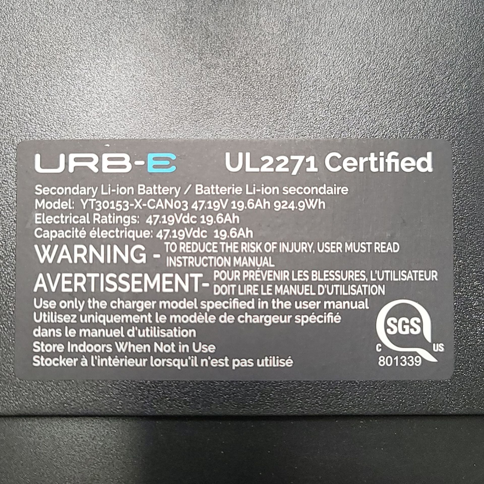 LOT - (4) SHANSHAN BUMBLE BEE LITHIUM-ION E-BIKE BATTERIES, MODEL YT30153-X-CAN03, 47.19VDC, 19.6AH, - Image 6 of 6