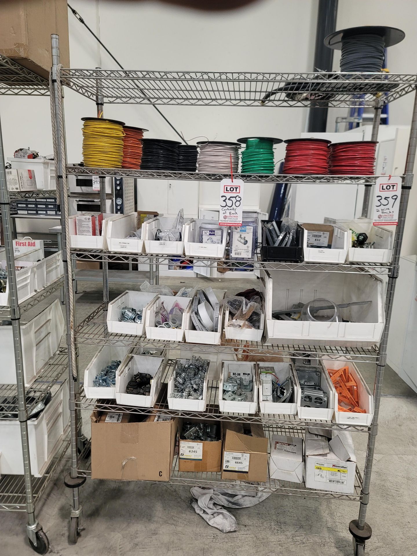 LOT - CONTENTS ONLY OF RACK, TO INCLUDE: ASSORTED ELECTRICAL HARDWARE, WIRE SPOOLS, ETC.