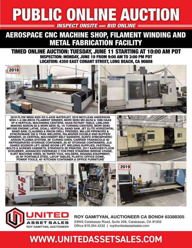 2018 FLOW M500 4020 XD 5-AXIS WATERJET, 2019 MCCLEAN ANDERSON FILAMENT WINDER, MORI SEIKI MV-65/50 & 1998 HAAS VF-6 VMC'S, MACHINE SHOP, & MORE!