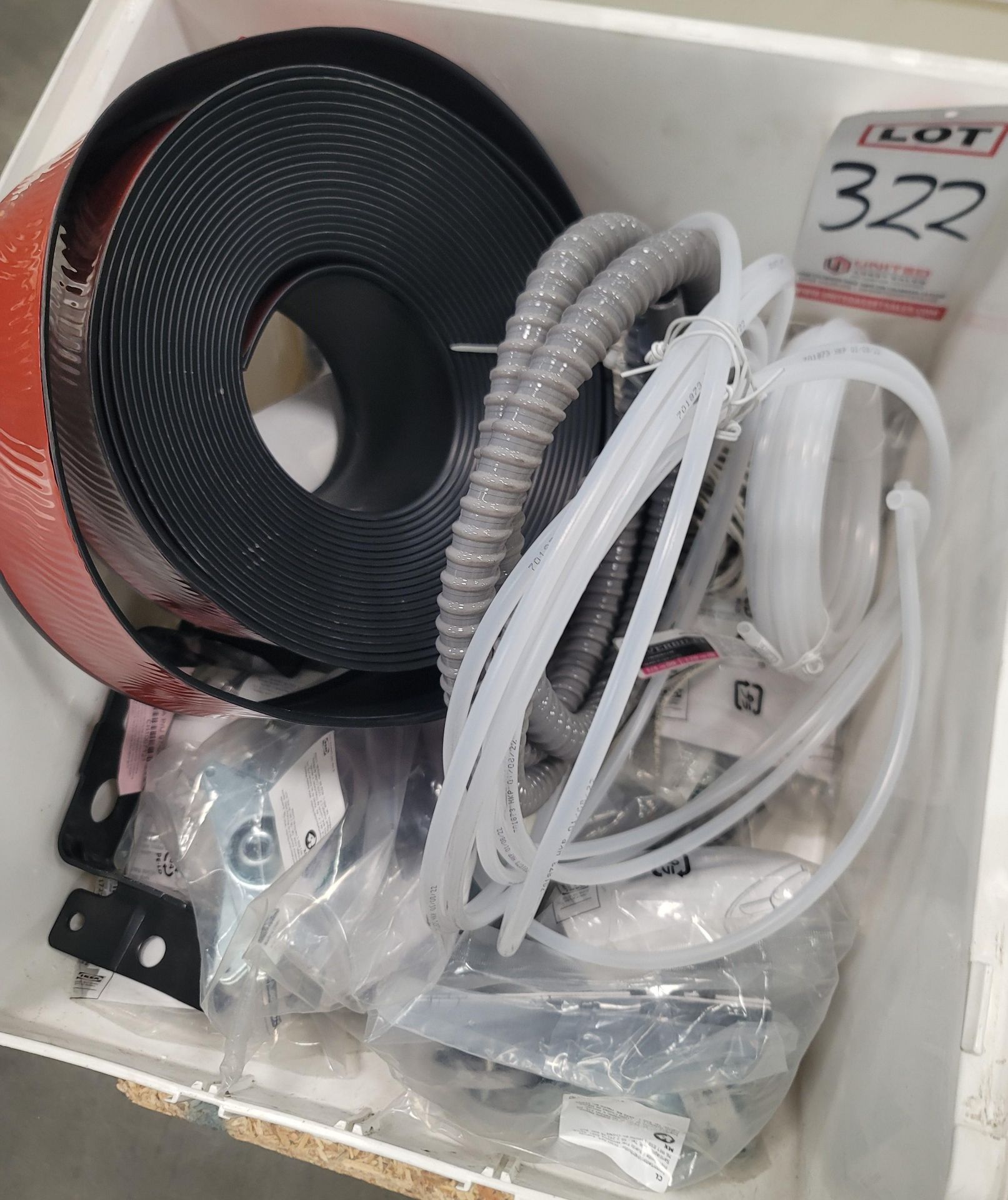 LOT - MISC. HARDWARE, VINYL BASEBOARD, HOSE