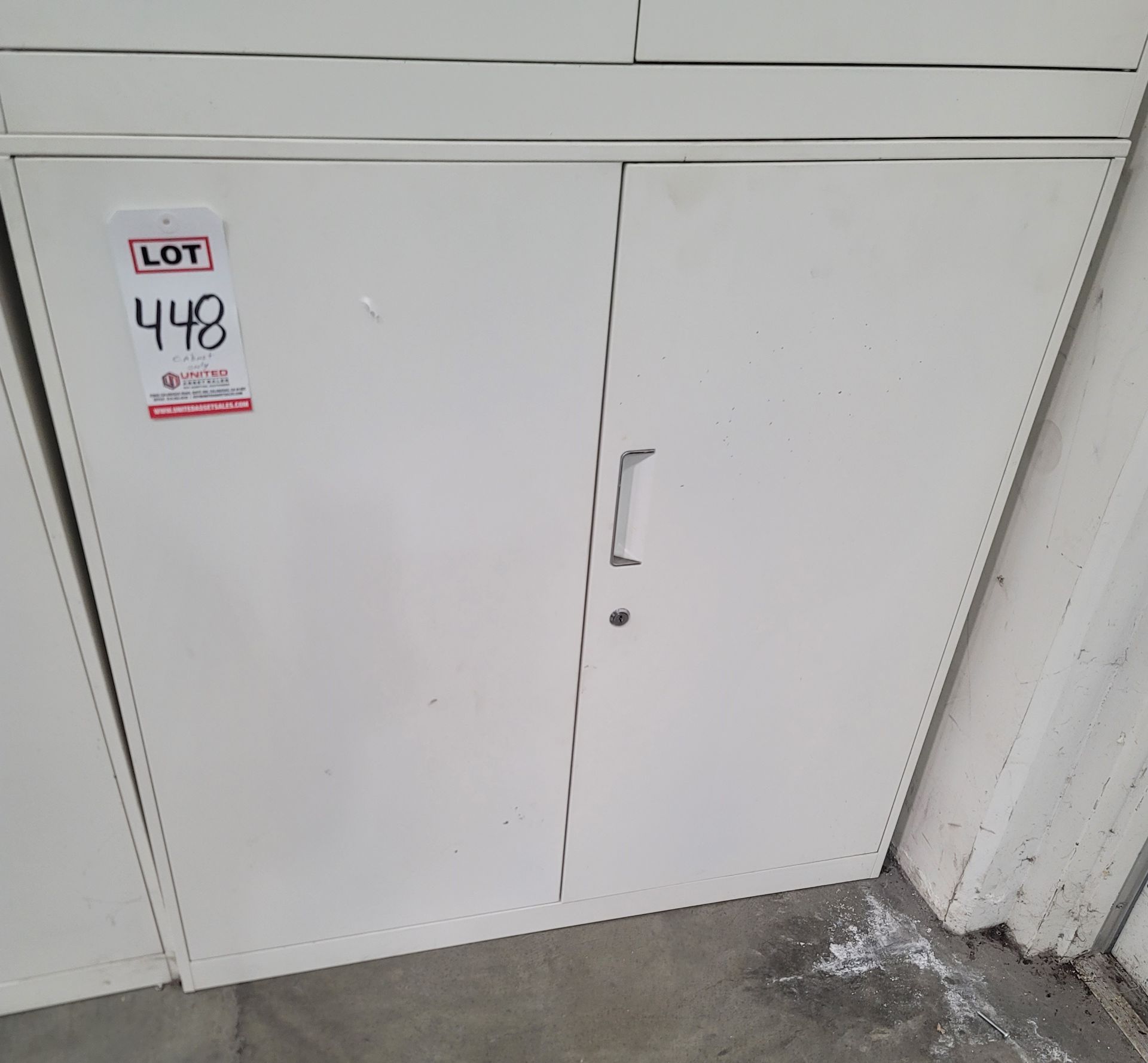 2-DOOR STORAGE CABINET, 3' X 16" X 3', NO KEY AND IT'S LOCKED