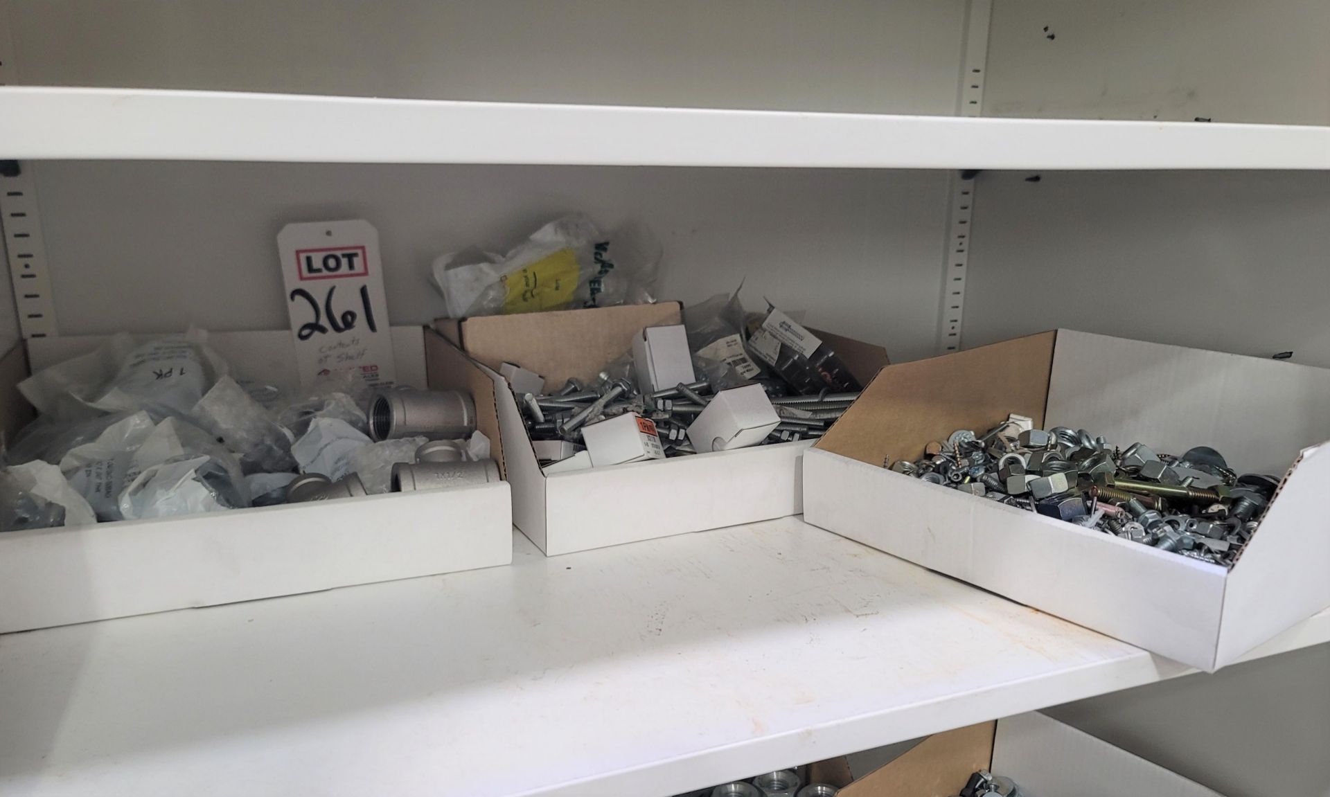 LOT - CONTENTS ONLY OF (1) SHELF, TO INCLUDE: FENDER WASHERS, (3) SS MB-304 1" X 1/2" PLUMBING TEES,