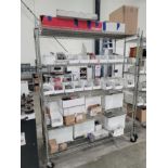 LOT - CONTENTS ONLY OF RACK, TO INCLUDE: ASSORTED HARDWARE, ELECTRICAL CONDUIT HANGERS, PLUGS, ETC.