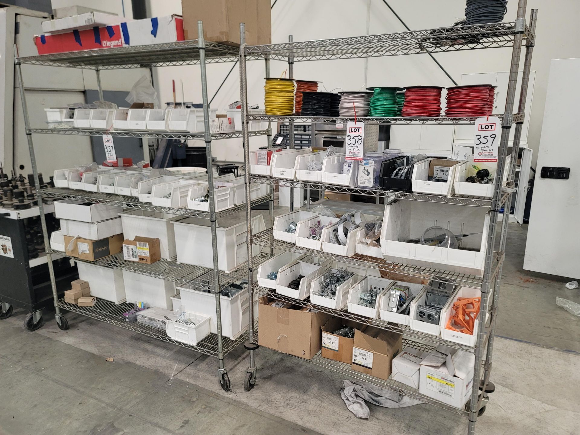 LOT - (2) WIRE SHELF UNITS, ON CASTERS, CONTENTS NOT INCLUDED, (DELAYED PICKUP UNTIL MONDAY, JULY
