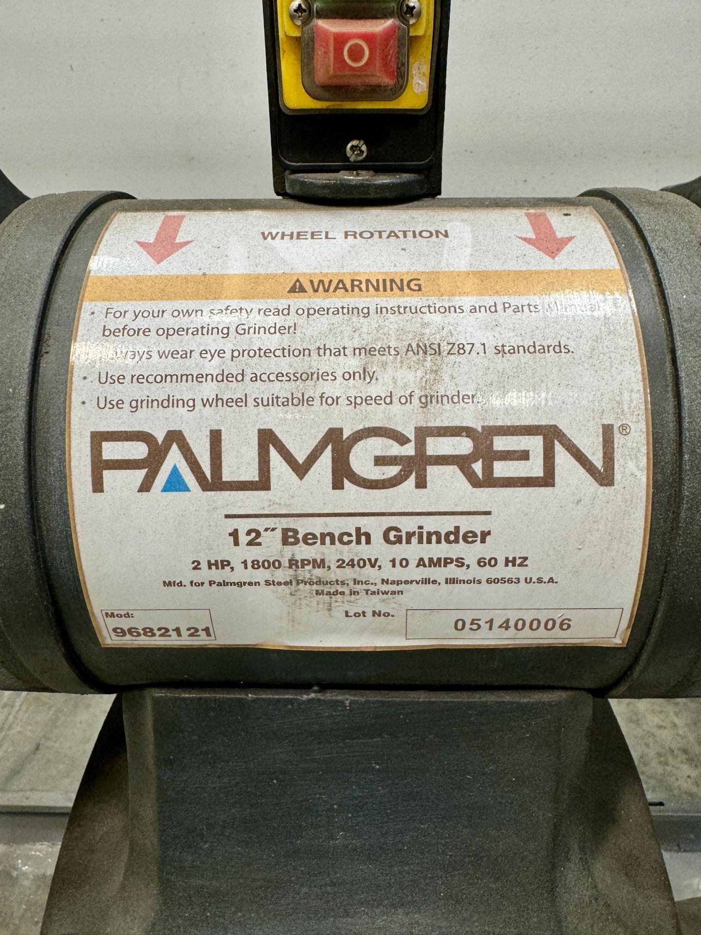 PALMGREN 12" PEDESTAL BENCH GRINDER/BUFFER, MODEL 9682121, 2 HP, 1800 RPM, S/N 05140006 - Image 2 of 2