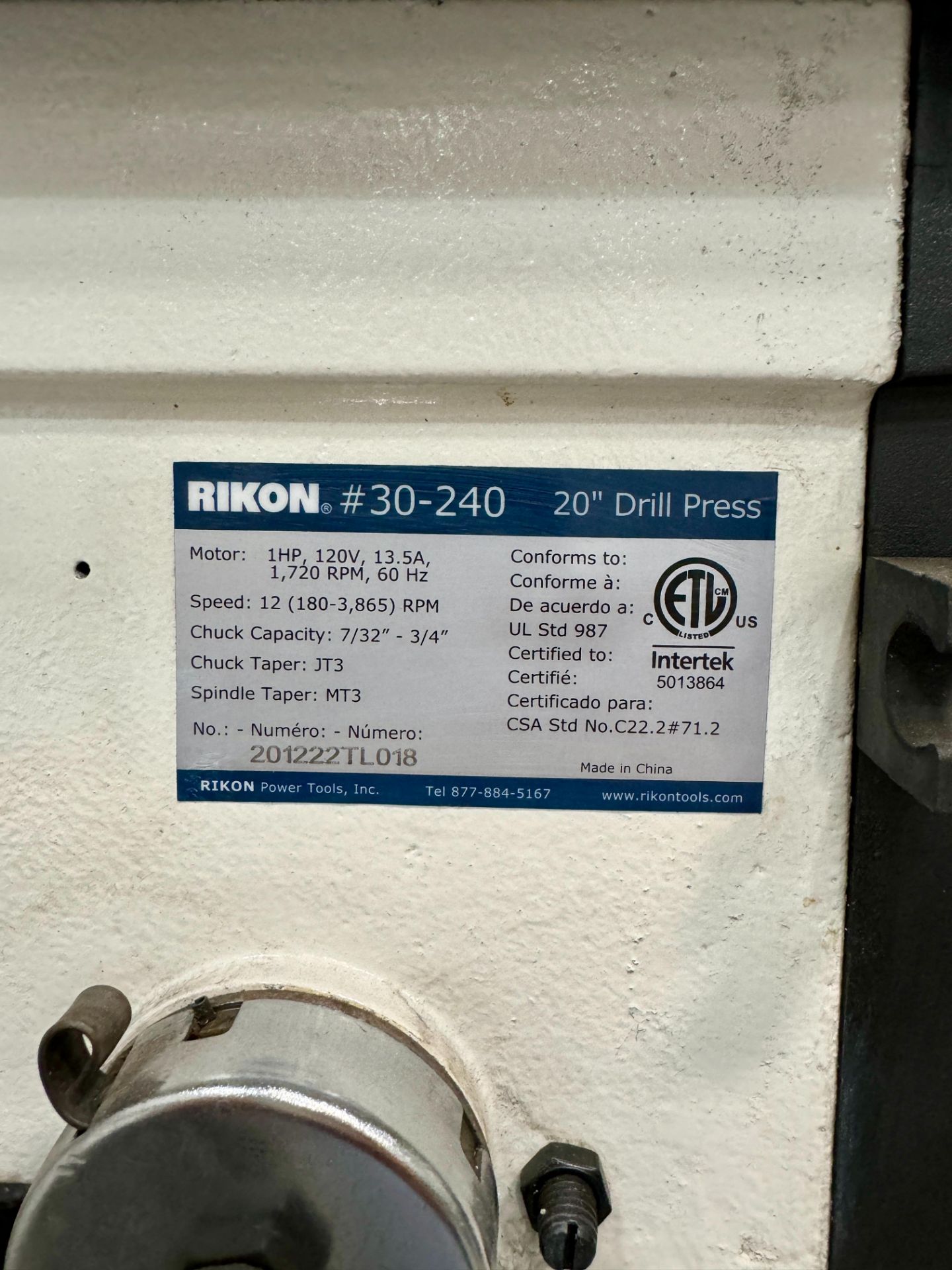 RIKON 20" DRILL PRESS, FLOOR TYPE, MODEL 30-240, S/N 201222TL018 - Image 3 of 3