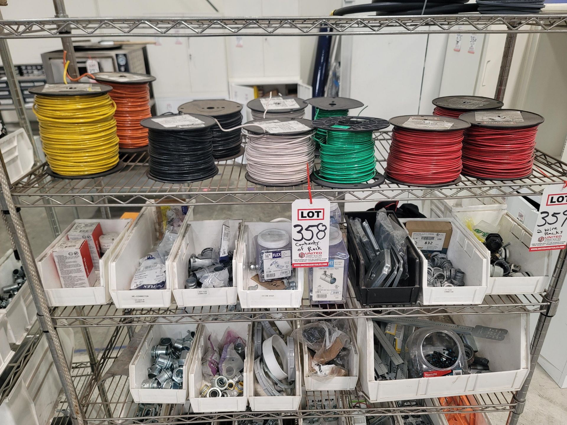 LOT - CONTENTS ONLY OF RACK, TO INCLUDE: ASSORTED ELECTRICAL HARDWARE, WIRE SPOOLS, ETC. - Image 2 of 5