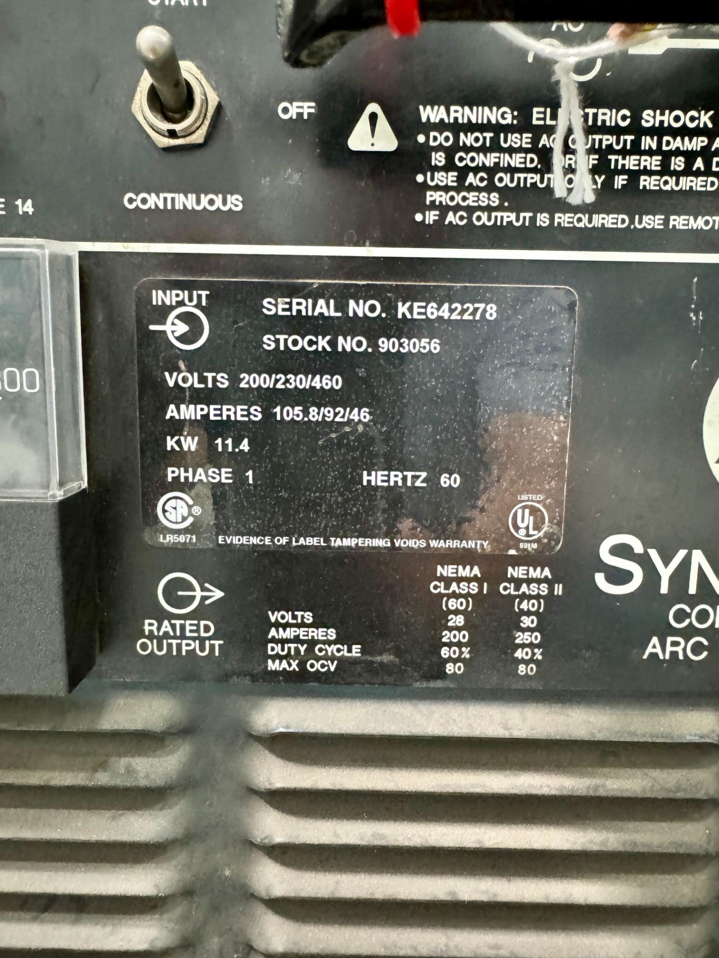MILLER SYNCROWAVE 250 AC/DC ARC WELDER, S/N KE642278 - Image 5 of 5