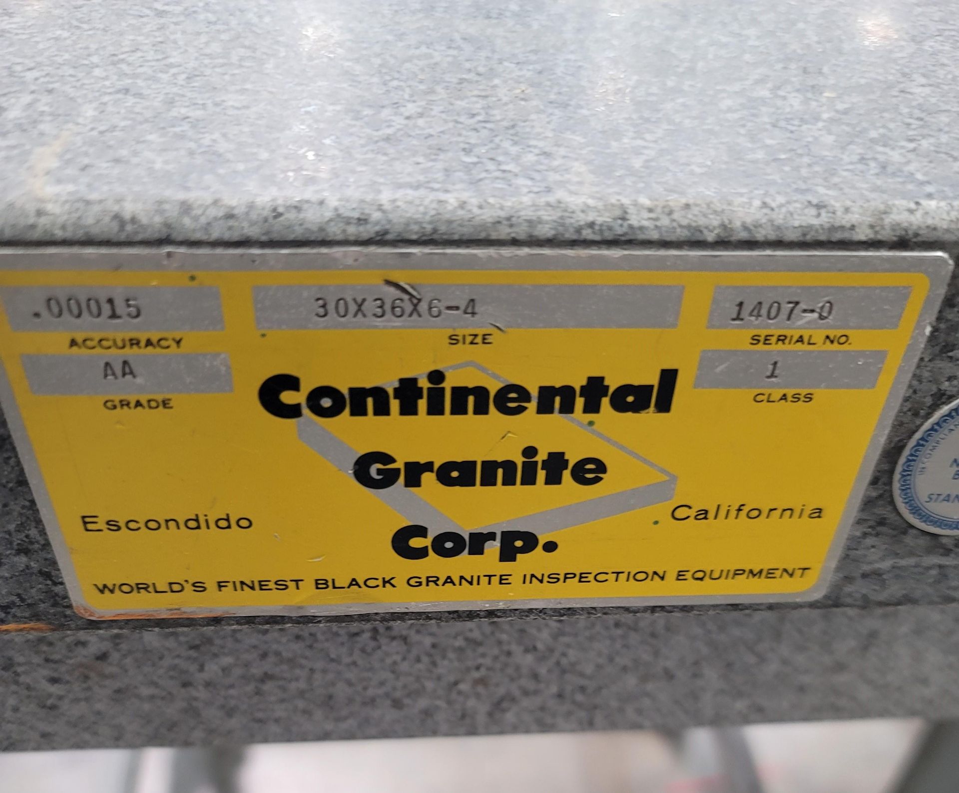 CONTINENTAL GRANITE SURFACE PLATE, 3' X 30" X 6", GRADE AA, W/ STAND, STAND IS ON CASTERS - Image 2 of 2