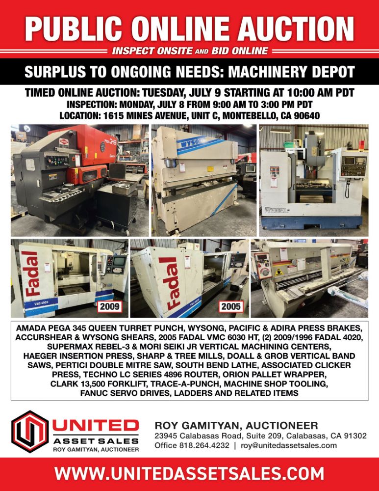 AMADA PEGA 345 QUEEN TURRET PUNCH, WYSONG, PACIFIC & ADIRA PRESS BRAKES, ACCURSHEAR & WYSONG SHEARS, FADAL VMC'S, MILLS, SAWS, LATHES