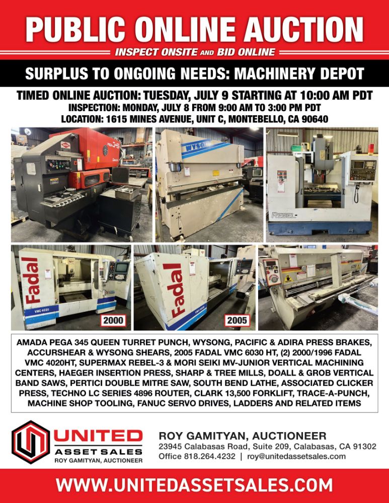 AMADA PEGA 345 QUEEN TURRET PUNCH, WYSONG, PACIFIC & ADIRA PRESS BRAKES, ACCURSHEAR & WYSONG SHEARS, FADAL VMC'S, MILLS, SAWS, LATHES