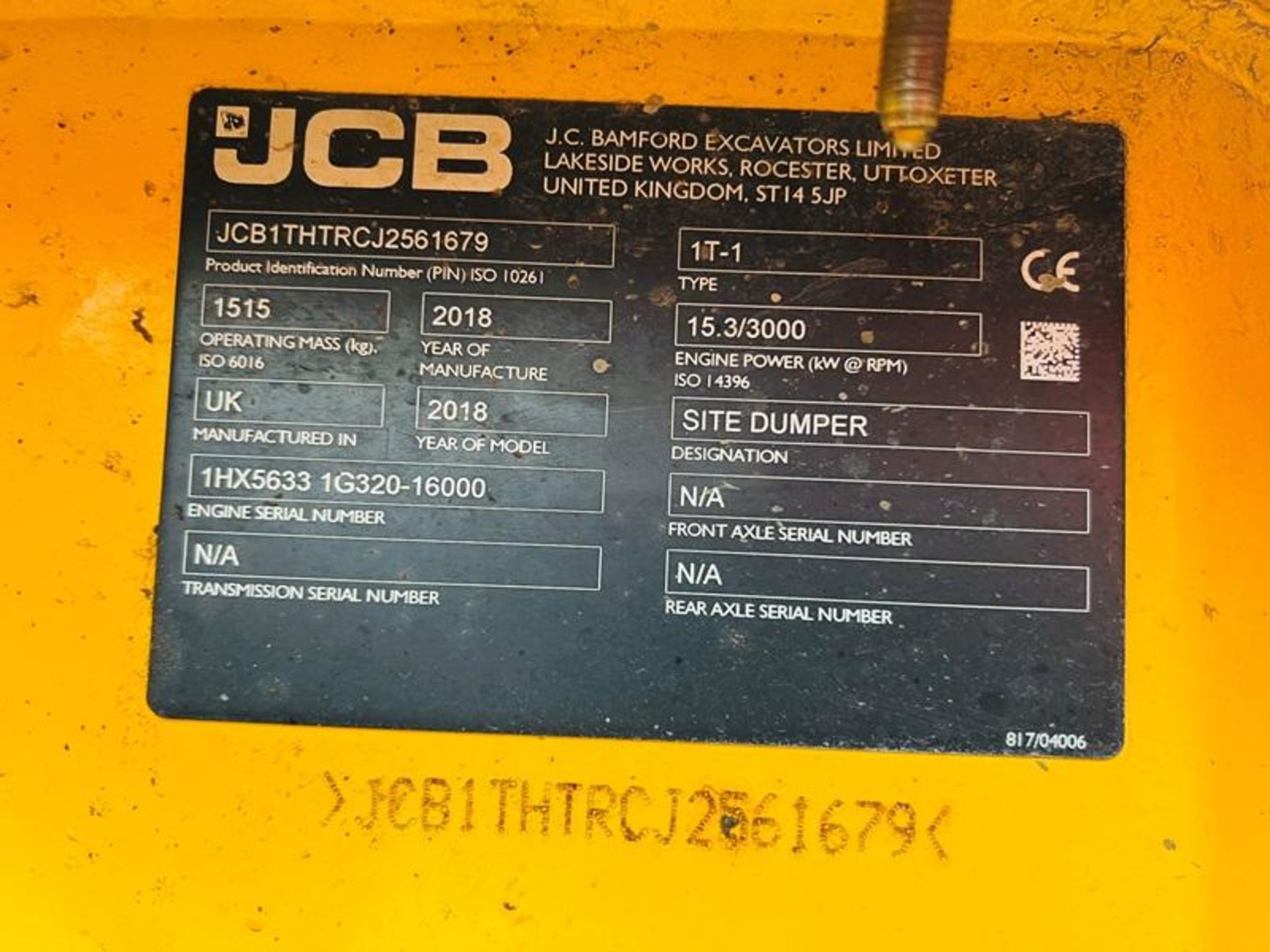 JCB 1T-T HIGH TIP 4WD DUMPER * YEAR 2018, ONLY 722 HOURS * - Image 10 of 18