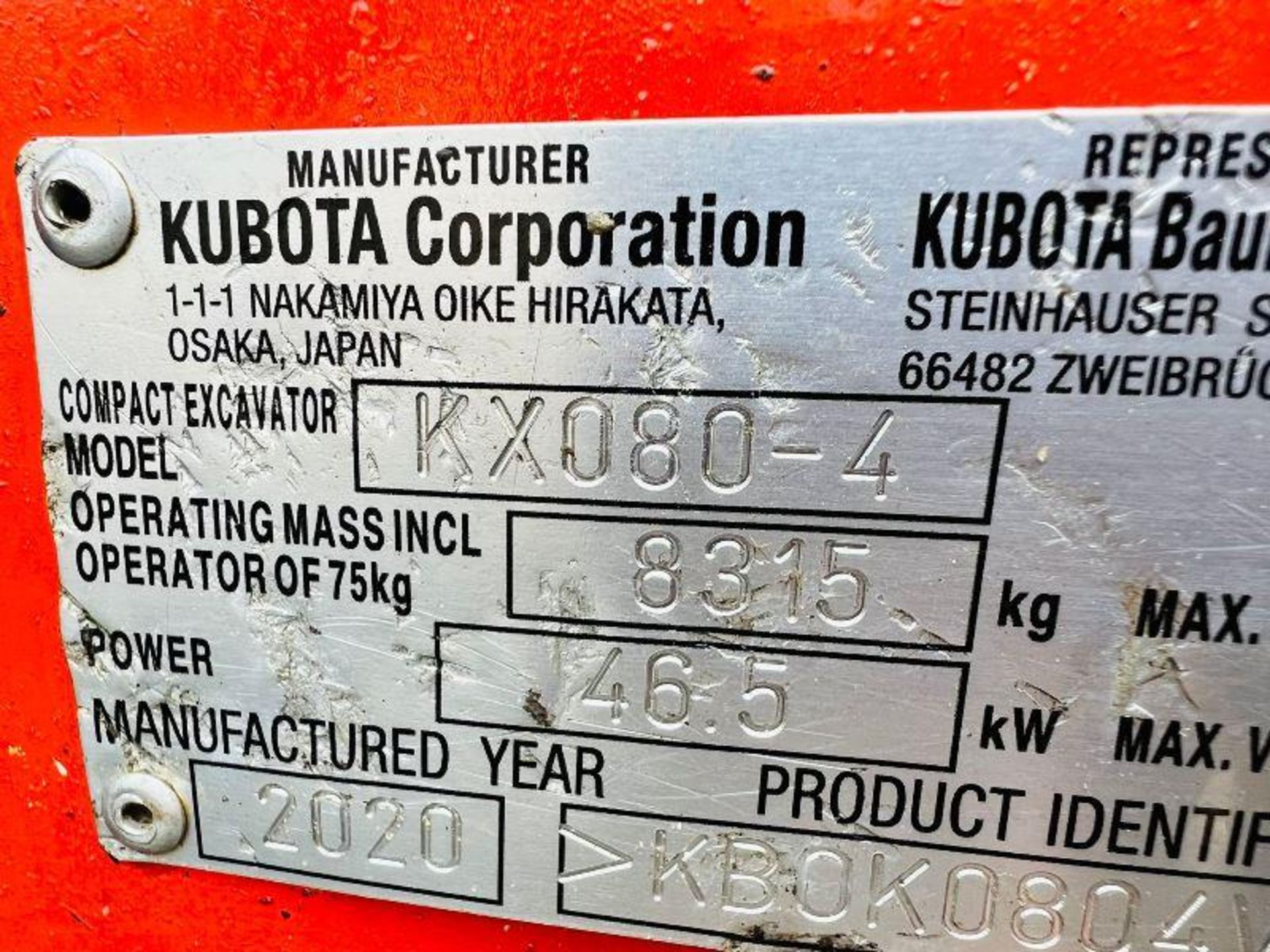 KUBOTA KX080-4 EXCAVATOR *ZERO SWING, YEAR 2020, 3497 HOURS* C/W QUICK HITCH - Image 13 of 17