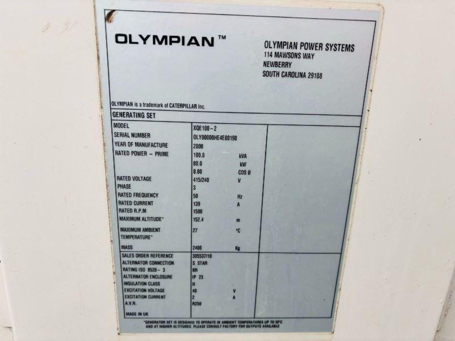 CAT OLYMPIAN XQE100-2 100KVA GENERATOR - Image 2 of 15