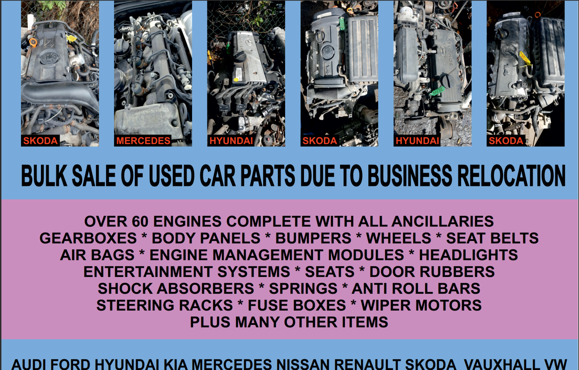 BULK SALE OF USED CAR PARTS DUE TO BUSINESS RELOCATION to include Skoda, Mercedes, Kia and much more