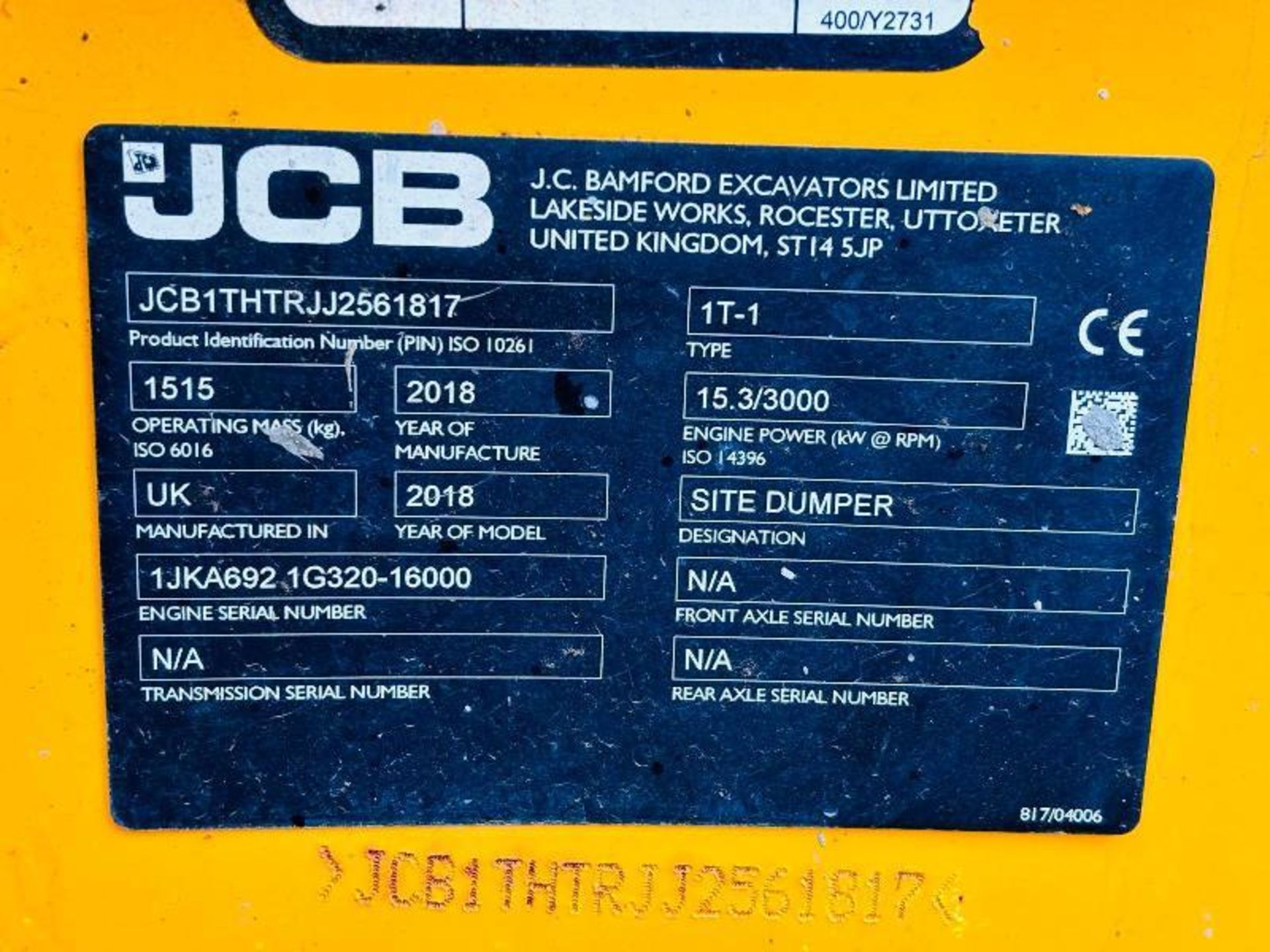 JCB 1T-T HIGH TIP 4WD DUMPER * YEAR 2018, ONLY 718 HOURS* - Image 10 of 15