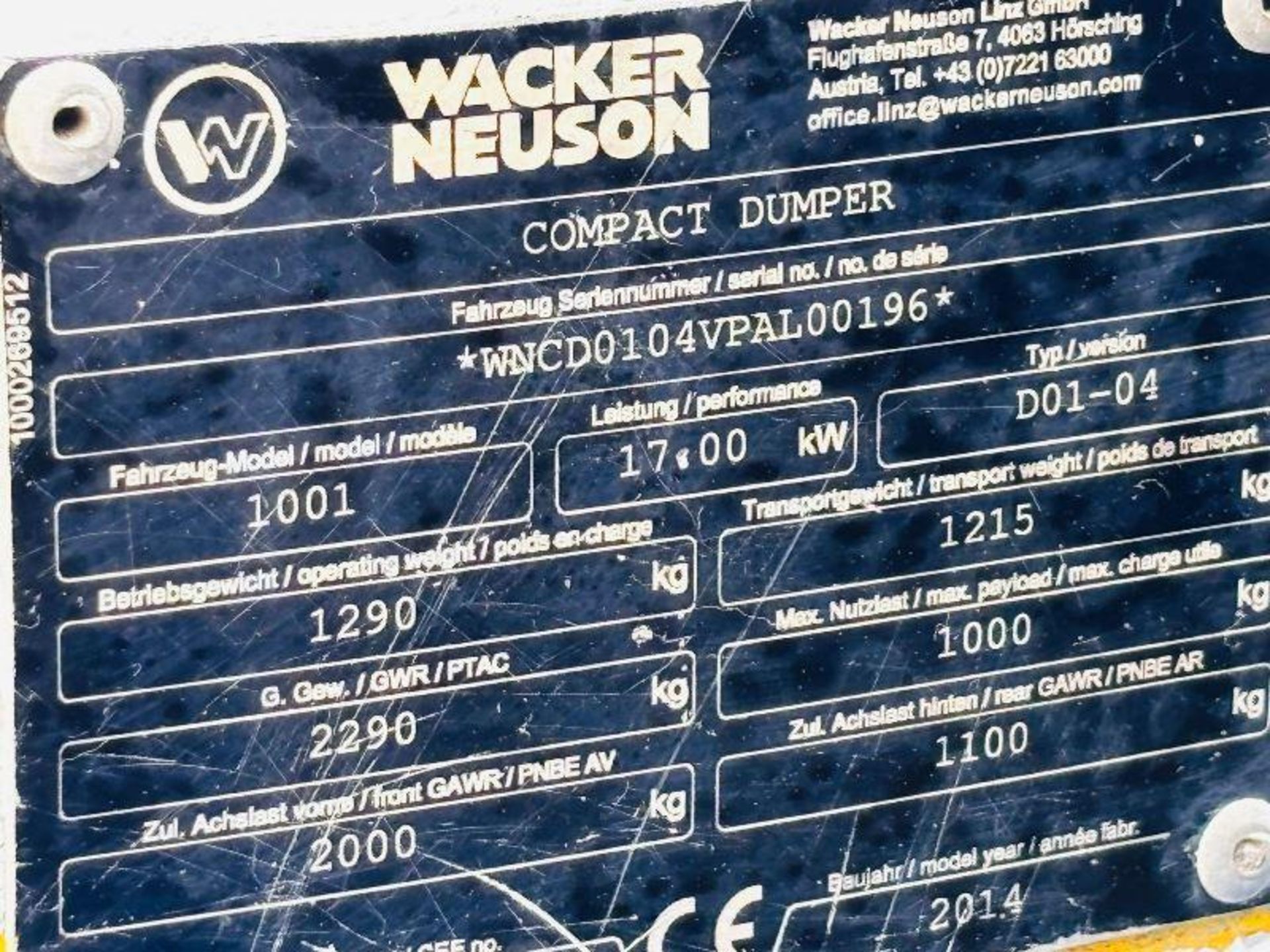 WACKER NEUSON 1001 HIGH TIP 4WD DUMPER *YEAR 2014, ONLY 1480 HOURS* - Bild 9 aus 16