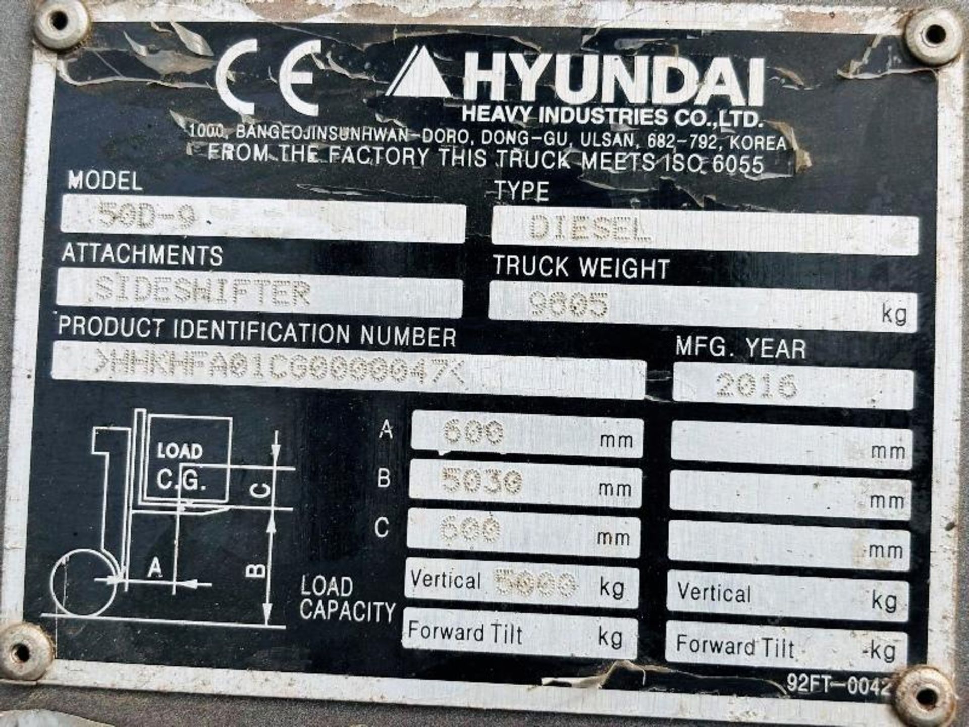 HYUNDAI 50D-9 DIESEL FORKLIFT *YEAR 2016, 5 TON LIFT* C/W SIDE SHIFT - Image 11 of 18