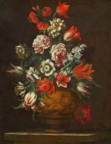 Bartolomeo Ligozzi: Blumenstillleben in einer skulptierten Vase