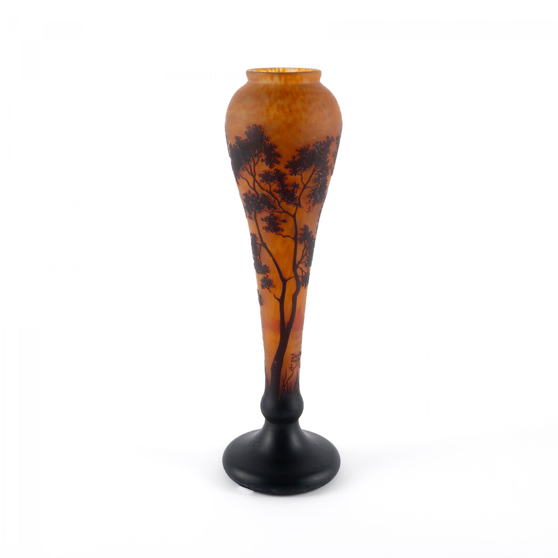 Daum Frères: Keulenförmige Vase mit Abendlandschaft