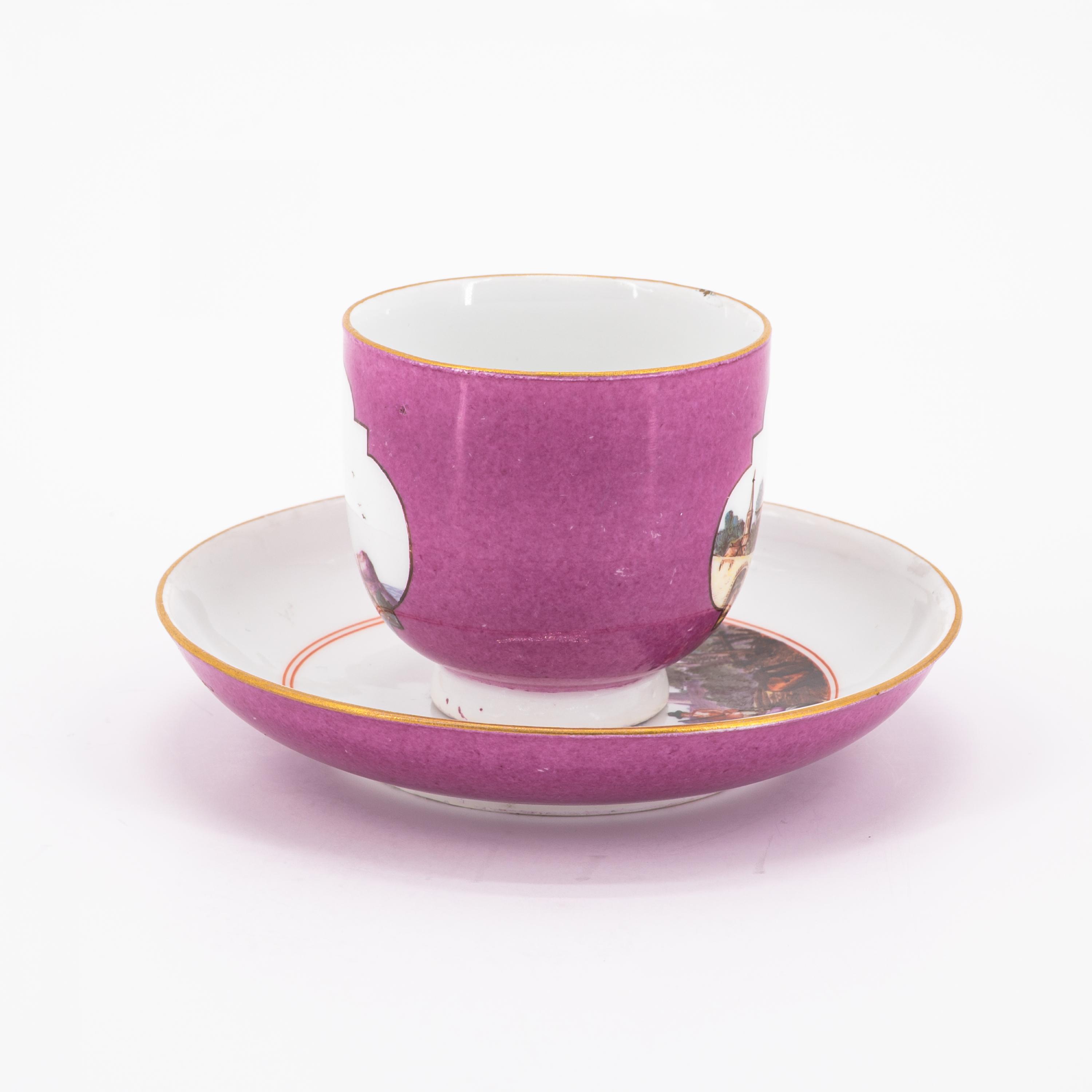 A PORCELAIN COFFEE JUG, CUP AND SAUCER WITH PURPLE GROUND AND LANDSCAPE CARTOUCHES - Image 4 of 11