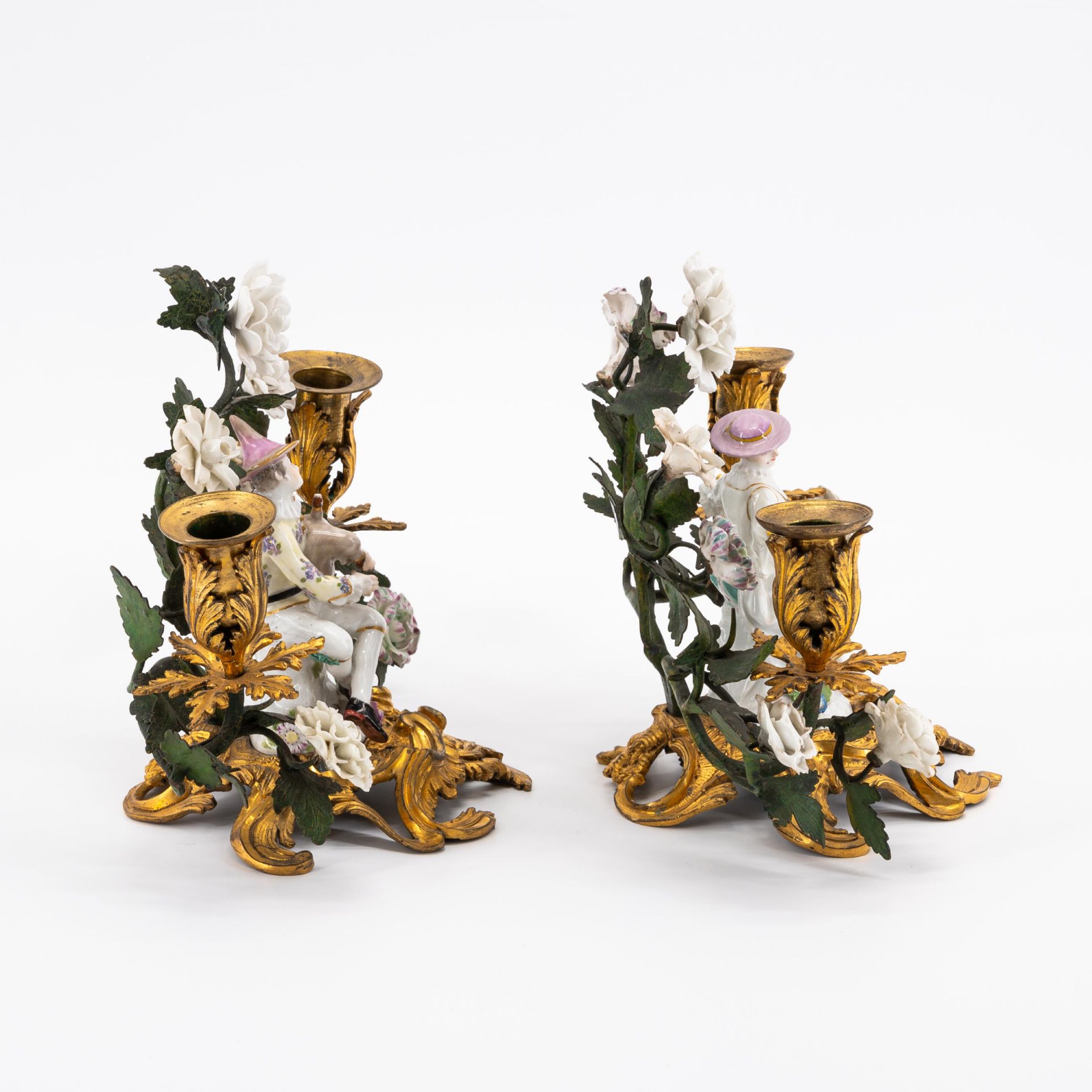 BRONZE AND PORCELAIN PAIR OF TWO-LIGHT CANDLESTICKS WITH COLUMBINE AND HARLEQUIN - Image 5 of 5
