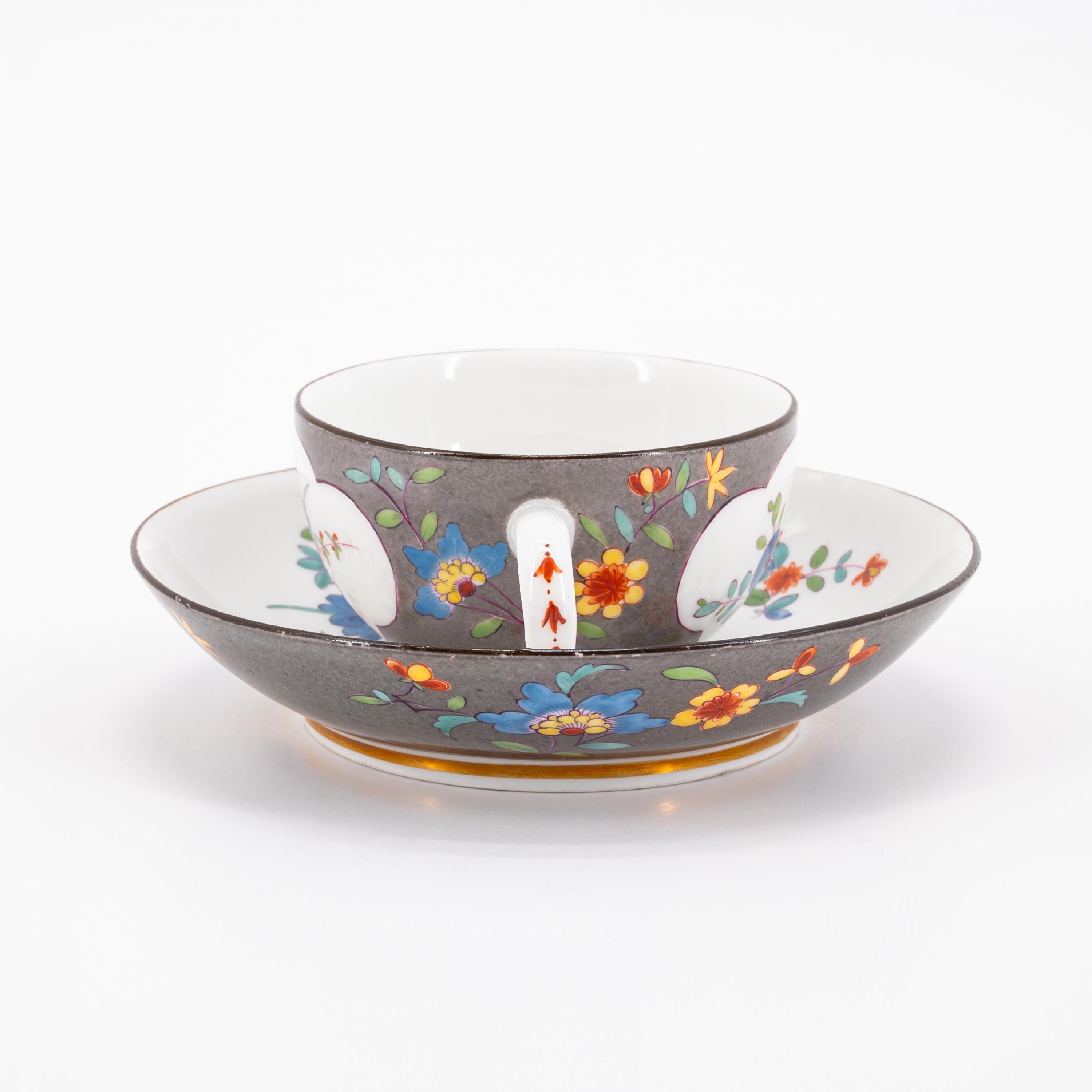 PORCELAIN CAP & SAUCER WITH GREY GROUND AND "INDIAN FLOWERS" & CUP WITH TURQUOISE GROUND AND CRANE - Image 2 of 11