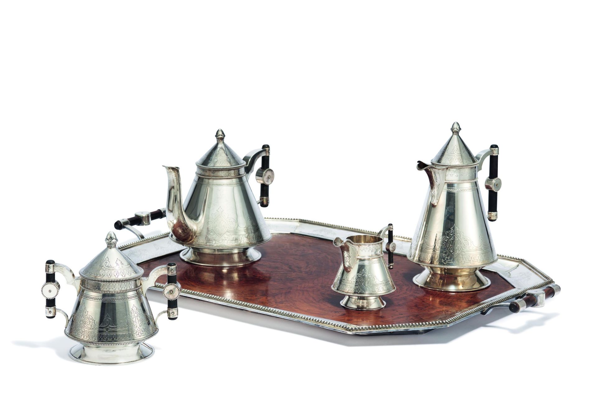 LARGE SILVER COFFEE AND TEA SERVICE WITH TRAY