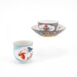 PORCELAIN CAP & SAUCER WITH GREY GROUND AND "INDIAN FLOWERS" & CUP WITH TURQUOISE GROUND AND CRANE