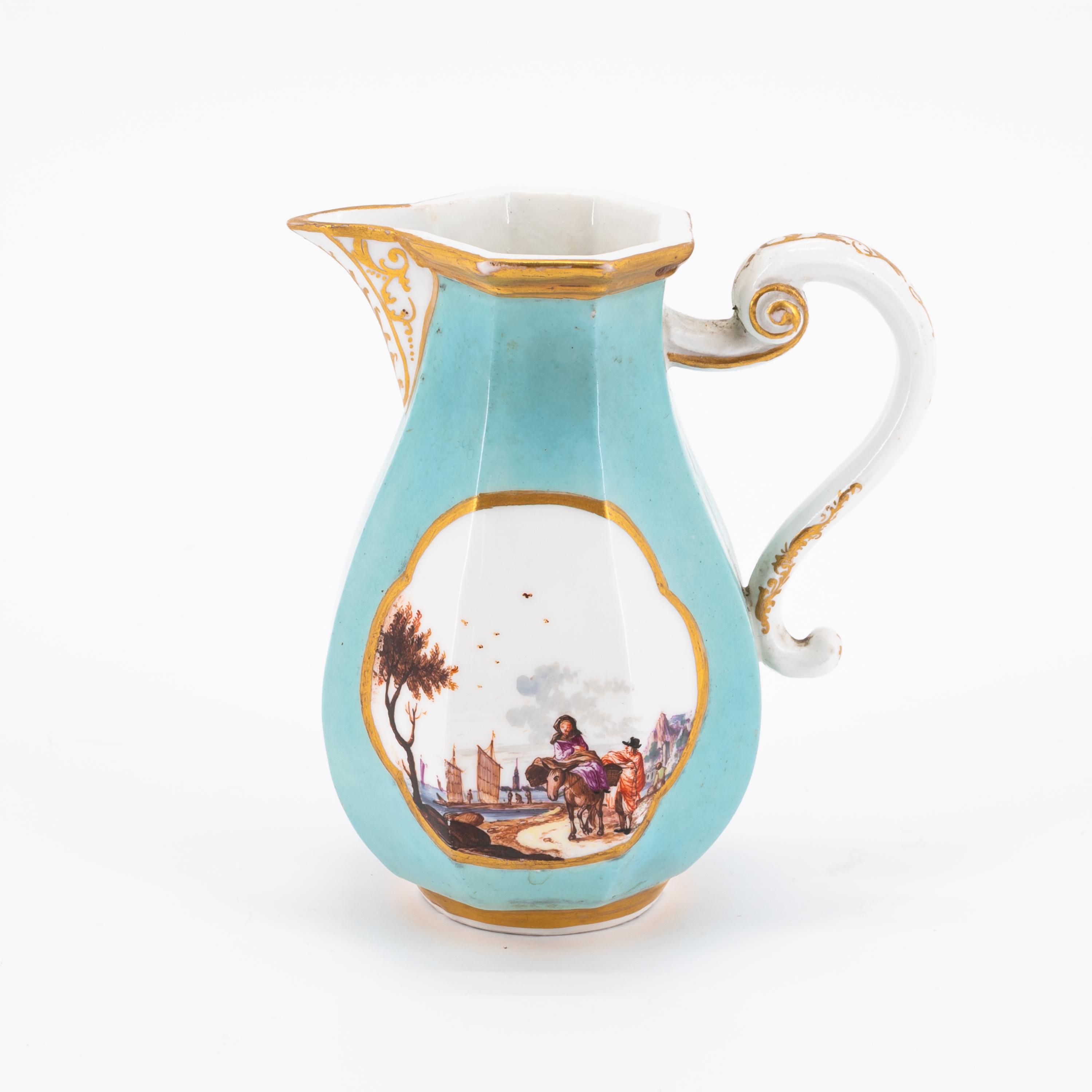 OCTAGONAL PORCELAIN CREAM JUG; HANDLES CUP AND SAUCER WITH TURQUOISE BACKGROUND AND LANDSCAPE DECORA - Image 8 of 11