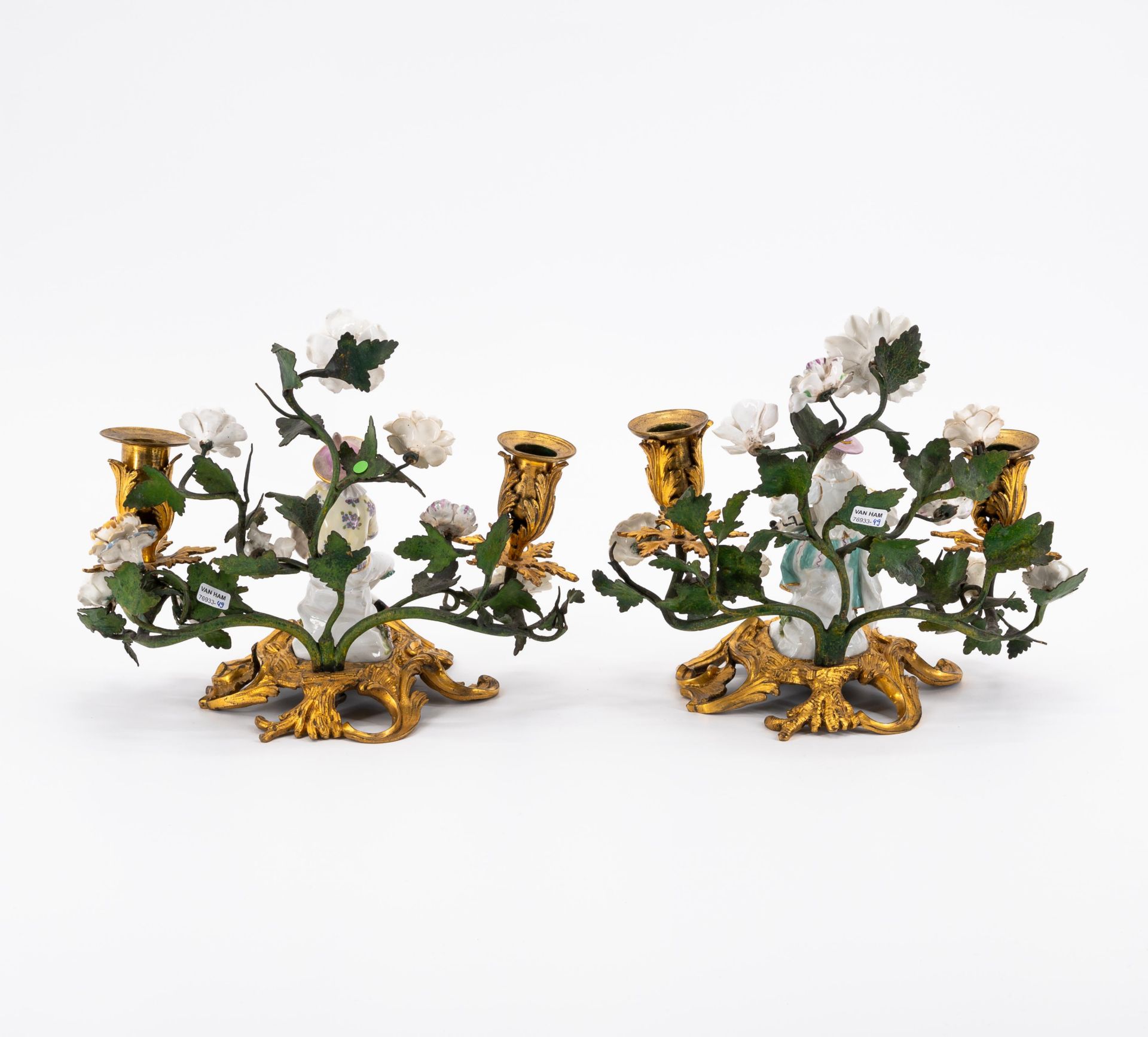 BRONZE AND PORCELAIN PAIR OF TWO-LIGHT CANDLESTICKS WITH COLUMBINE AND HARLEQUIN - Image 4 of 5