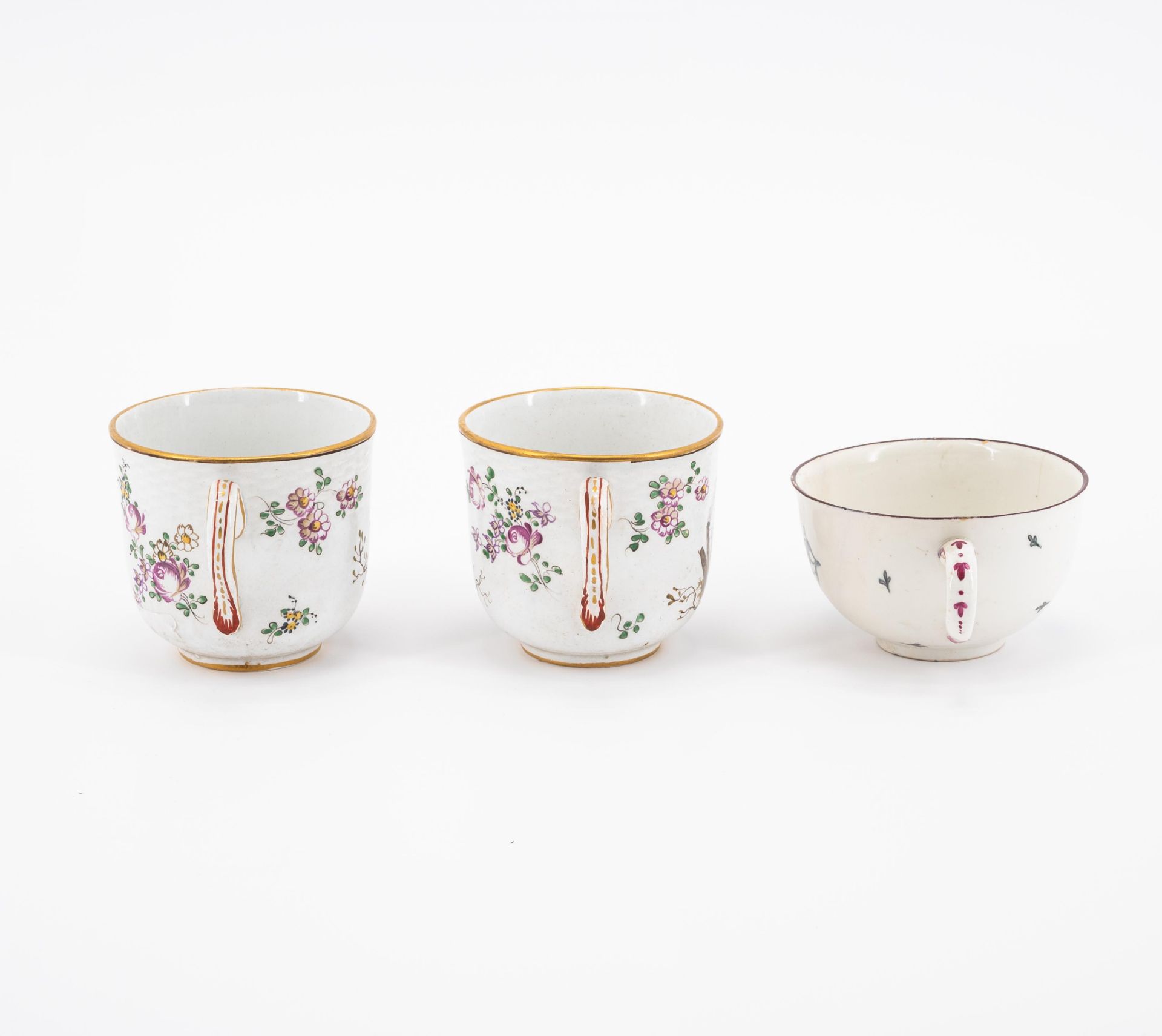 SIX PORCELAIN CUPS AND THREE SAUCERS WITH BIRD DECOR, FLOWERS AND LANDSCAPE SCENES - Image 3 of 16