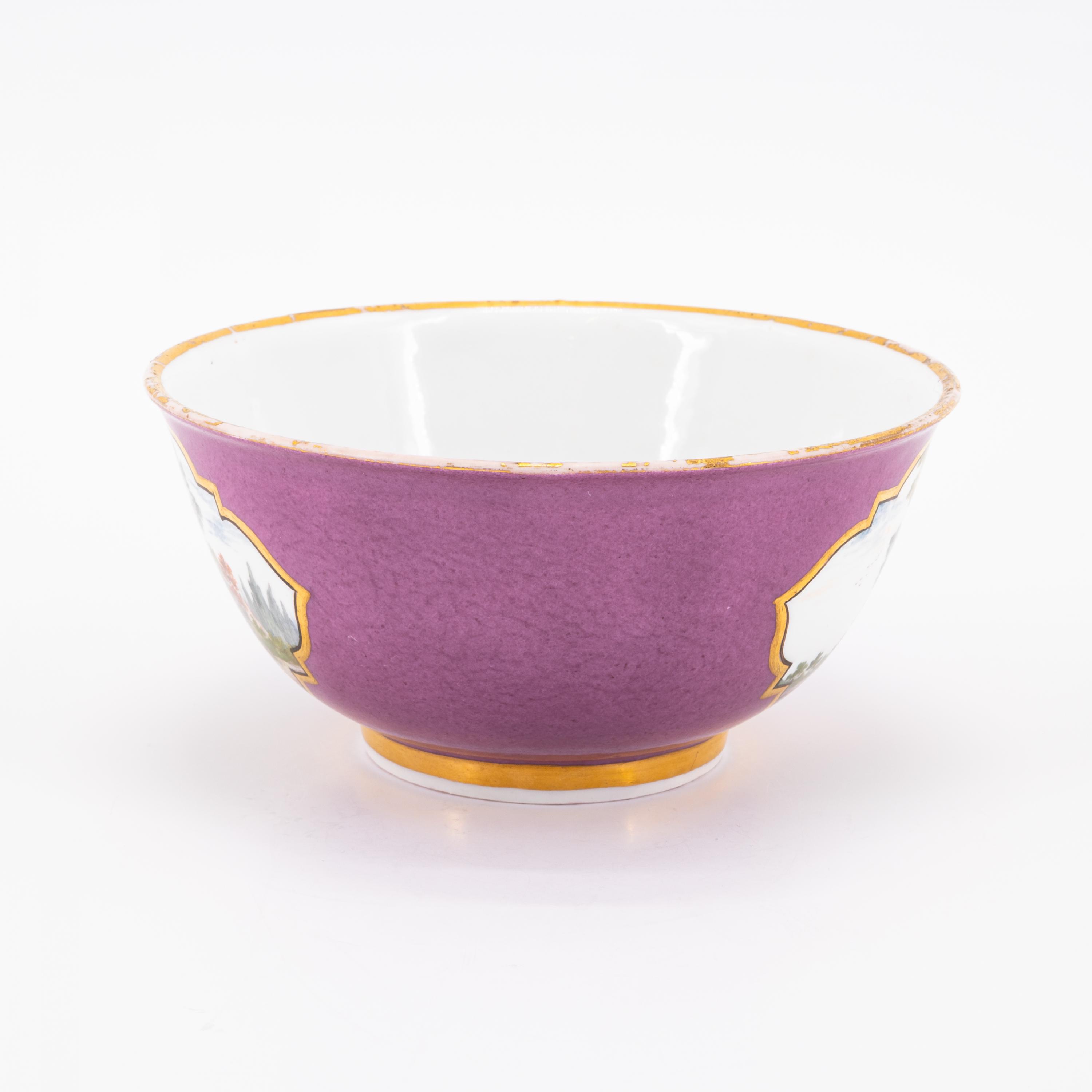 PORCELAIN SLOP BOWL, CUP WITH SAUCER AND PURPLE GROUND AND GALLANT PARK SCENES - Image 9 of 11