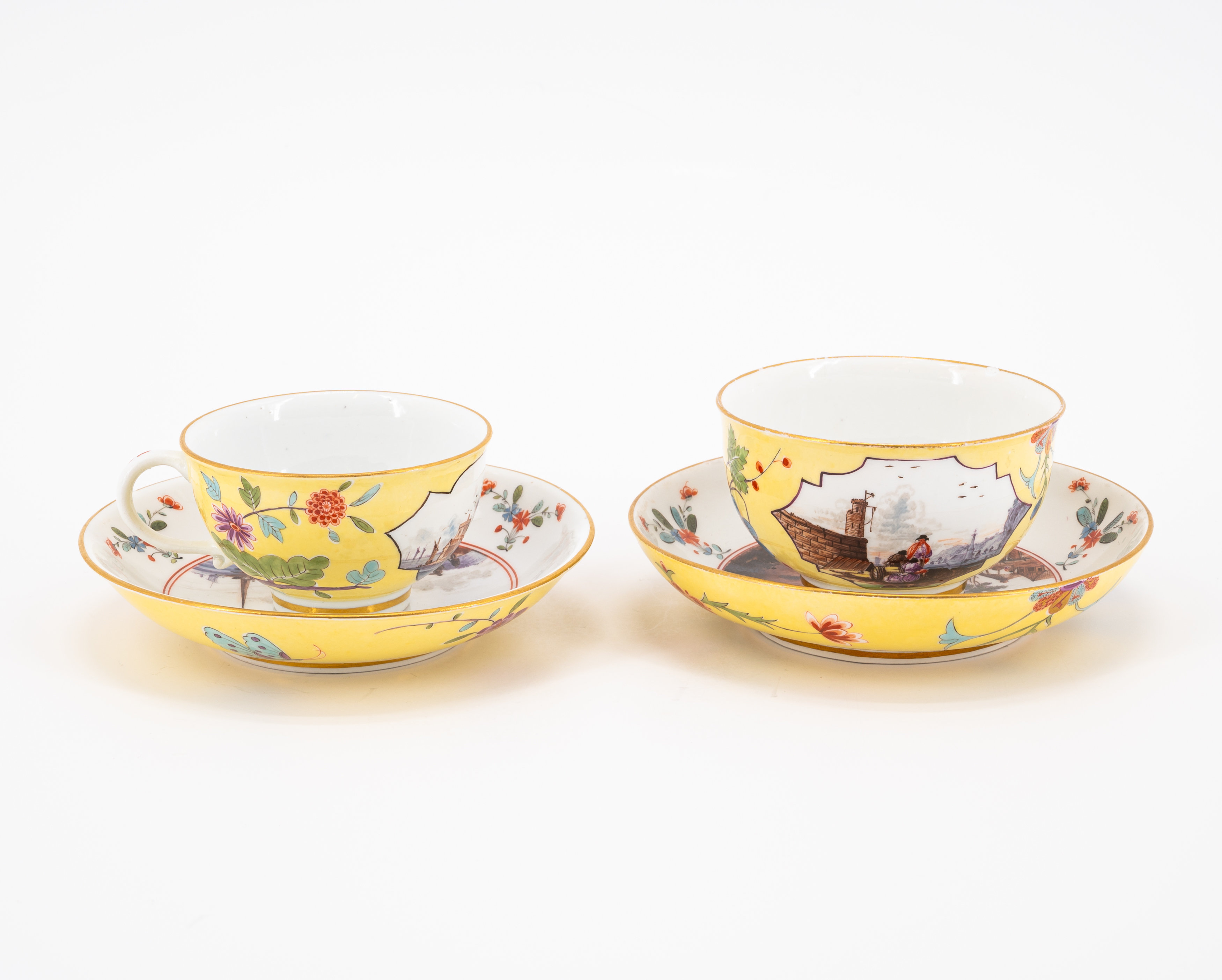 PORCELAIN CUP AND TEA BOWL WITH SAUCERS AND MERCHANT SCENES ON YELLOW GROUND - Image 3 of 6