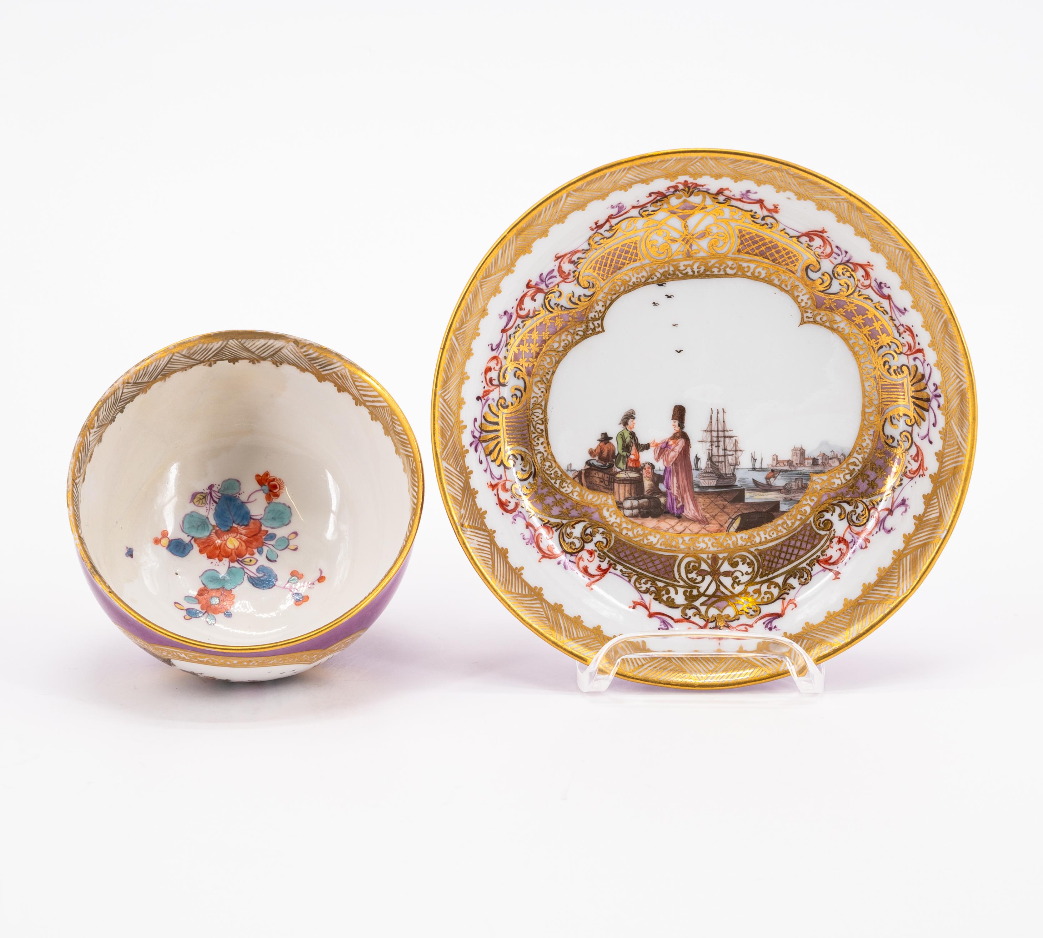 TWO PORCELAIN TEA BOWLS AND TWO SAUCER WITH PURPLE FOND AND MERCHANT NAVY SCENE - Image 5 of 11